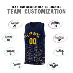 Custom Navy Gold Personalized Scratches Pattern Sports Uniform Basketball Jersey