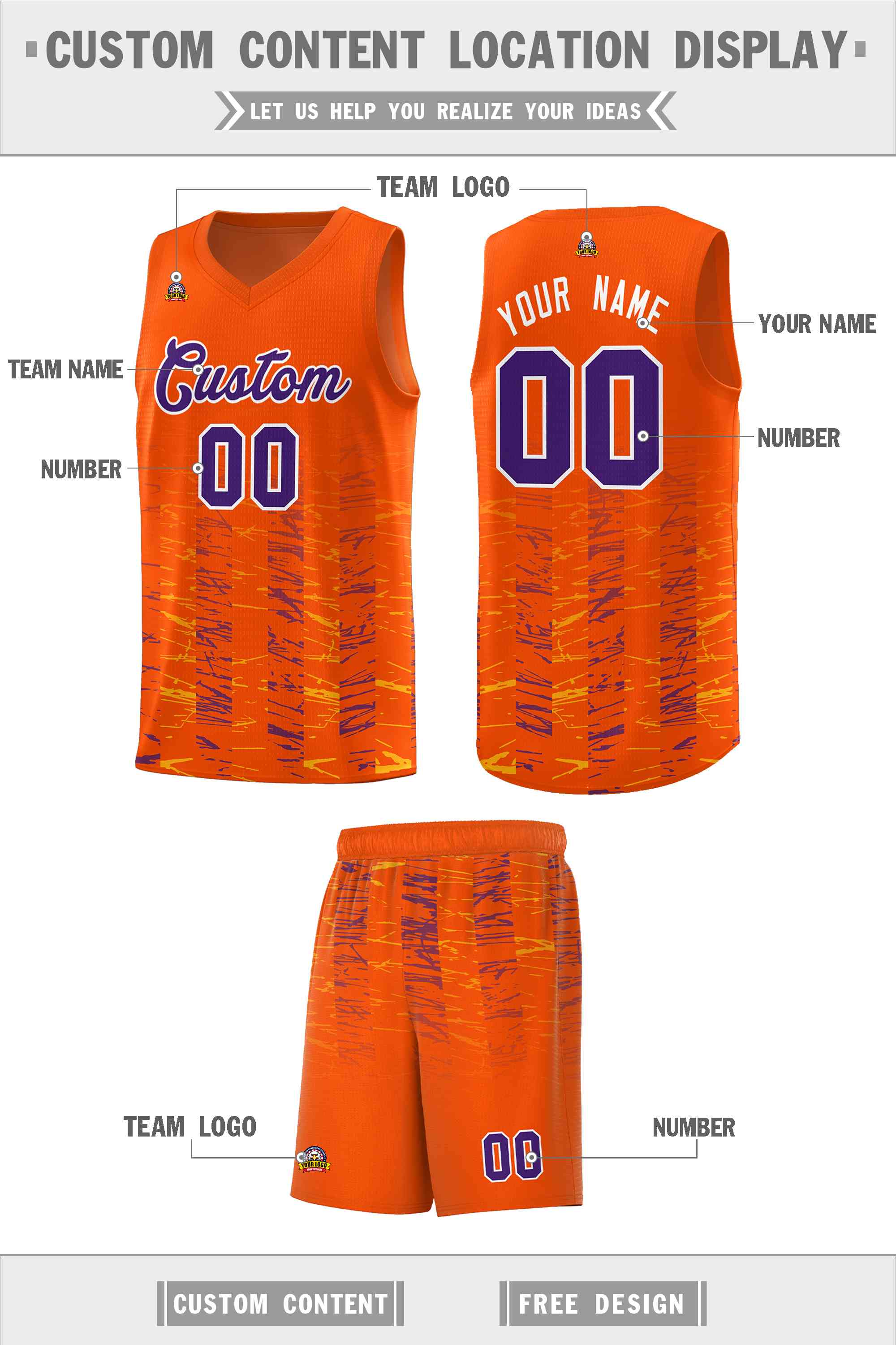 Custom Orange Purple Personalized Scratches Pattern Sports Uniform Basketball Jersey