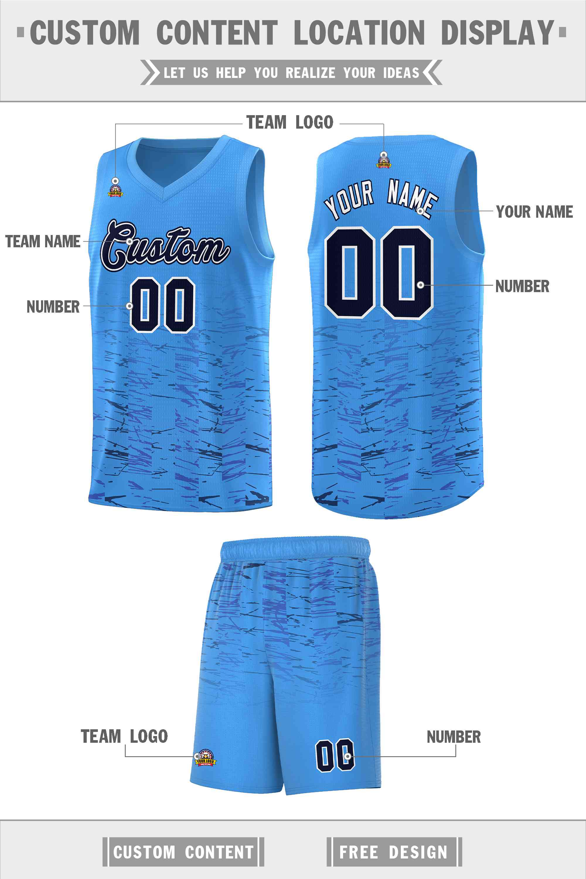 Custom Powder Blue Navy Personalized Scratches Pattern Sports Uniform Basketball Jersey