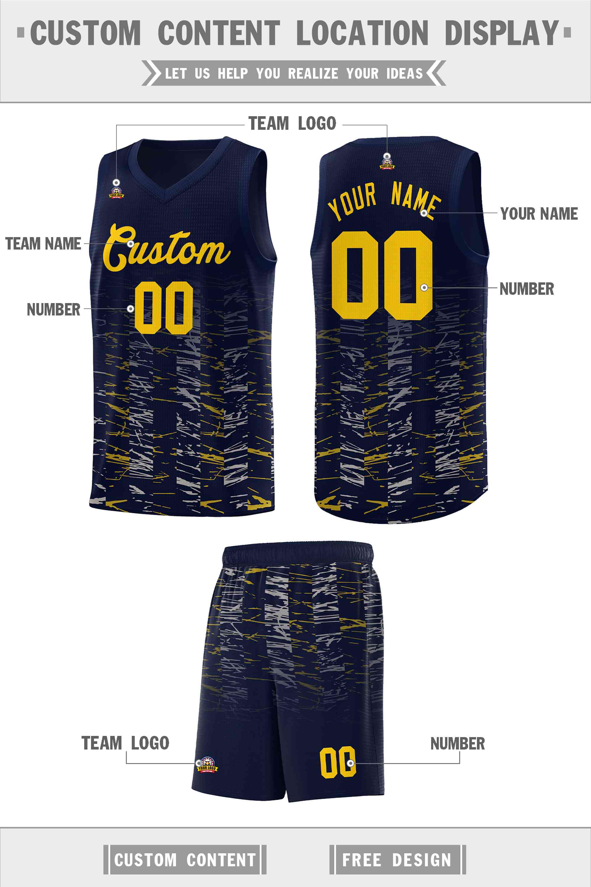 Custom Navy Gold Personalized Scratches Pattern Sports Uniform Basketball Jersey