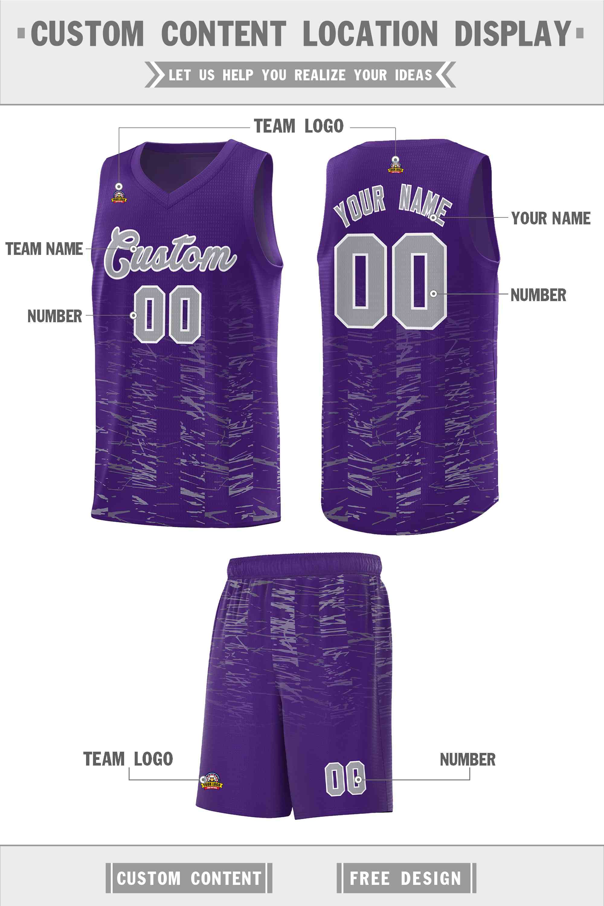 Custom Purple Gray Personalized Scratches Pattern Sports Uniform Basketball Jersey