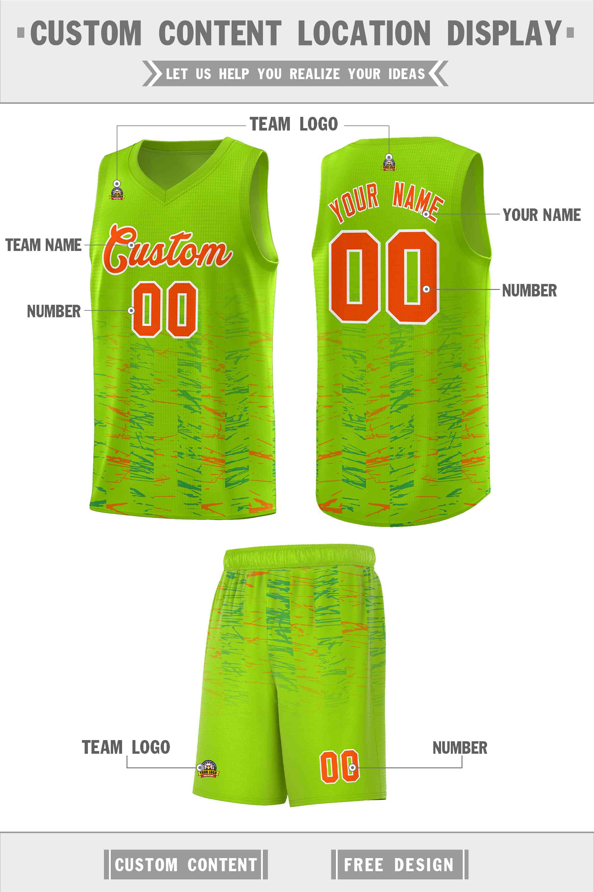Custom Neon Green Orange Personalized Scratches Pattern Sports Uniform Basketball Jersey