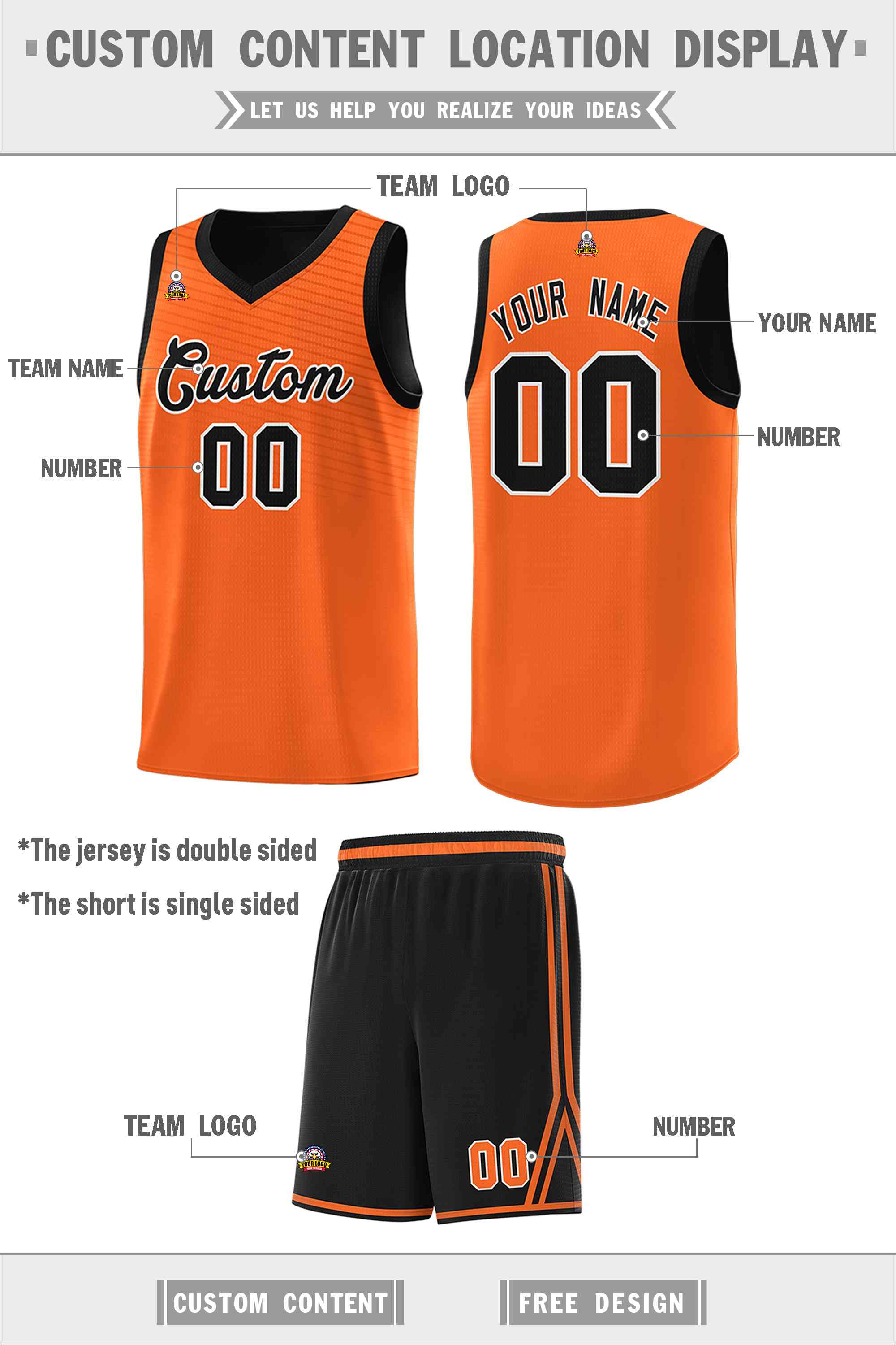 Custom Black Orange Chest Slash Patttern Double Side Sports Uniform Basketball Jersey