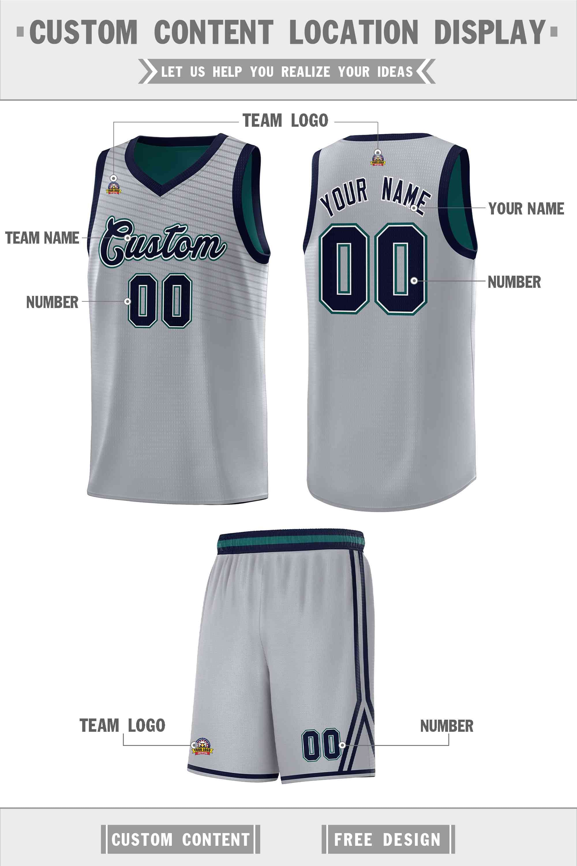 Custom Gray Midnight Green Chest Slash Patttern Sports Uniform Basketball Jersey
