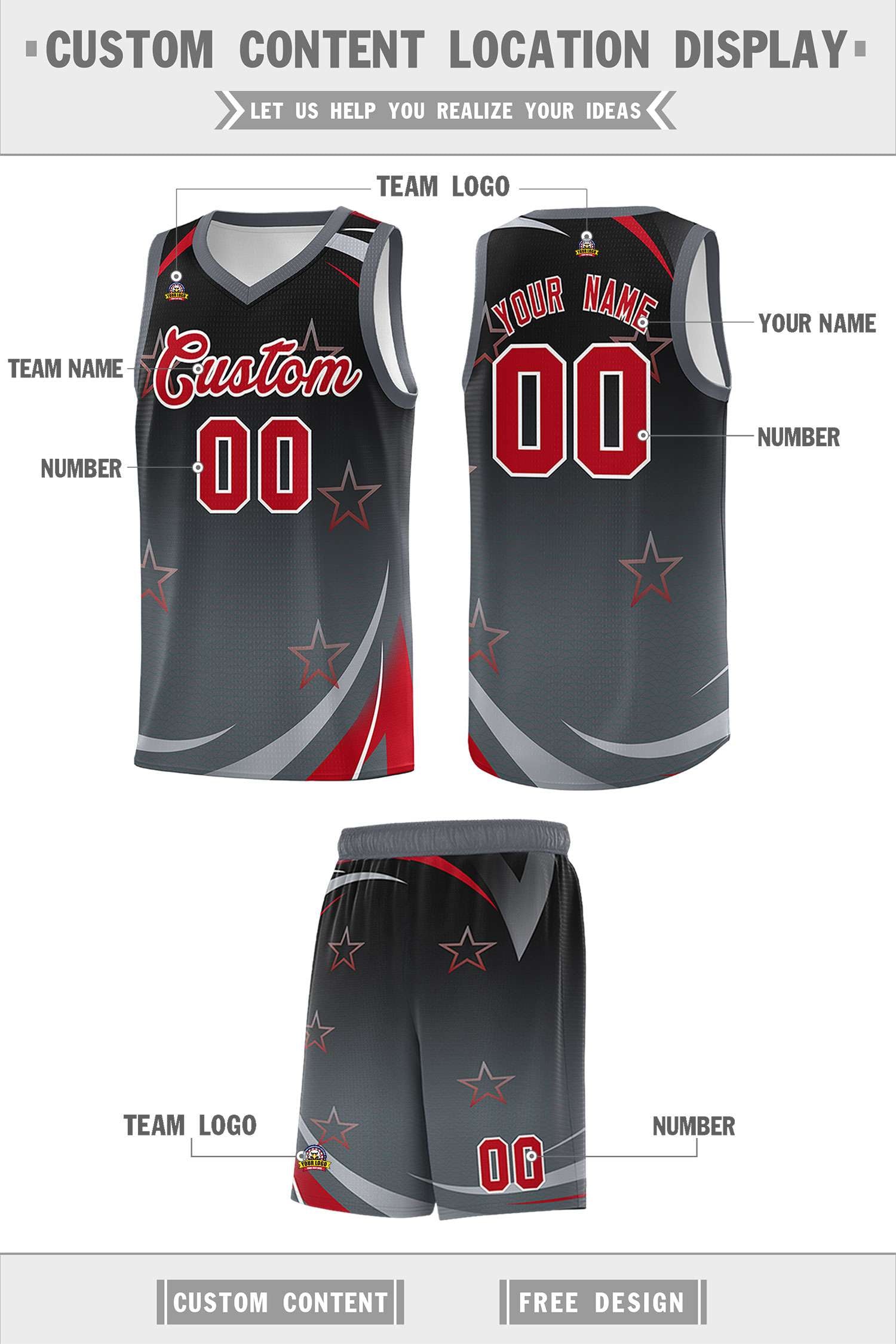 Custom Black Dark Gray Gradient Star Graffiti Pattern Sports Uniform Basketball Jersey