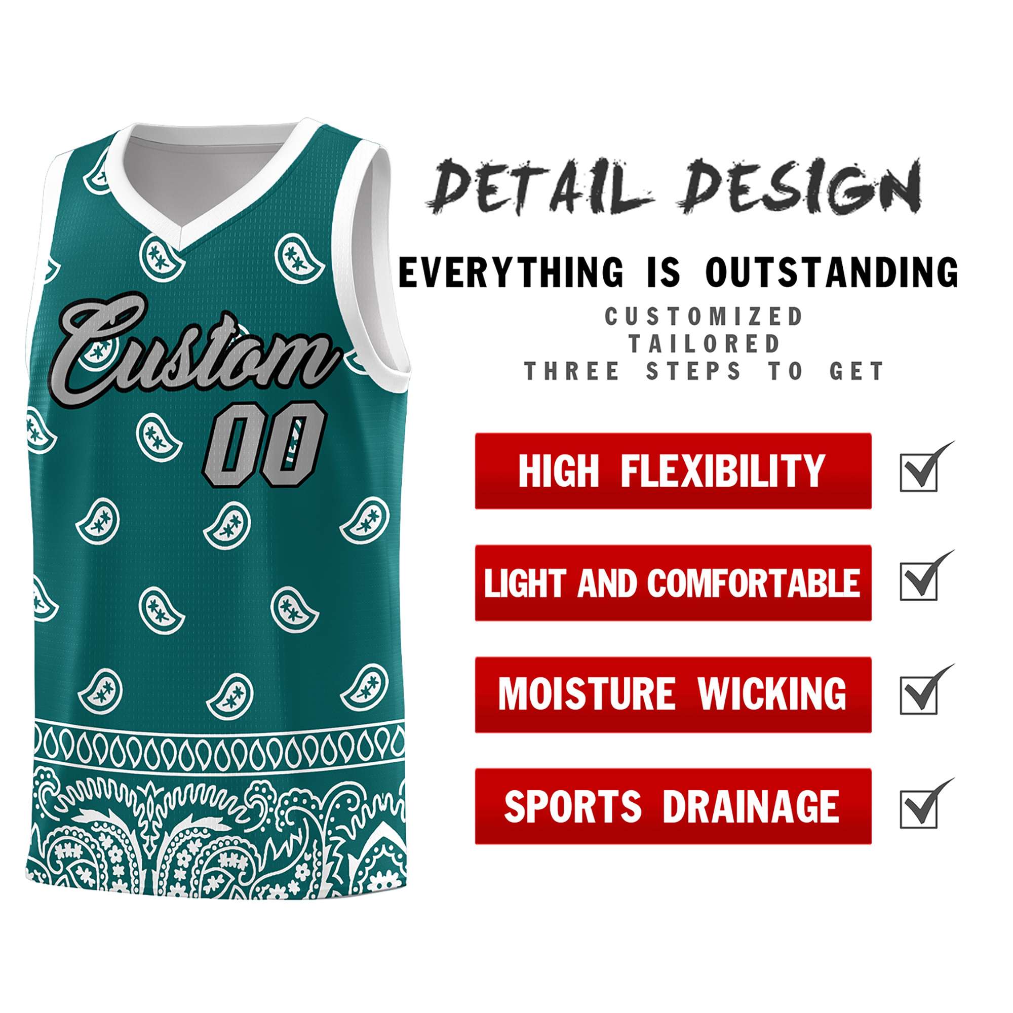 Custom Aqua White Personalized Cashew Pattern Sports Uniform Basketball Jersey