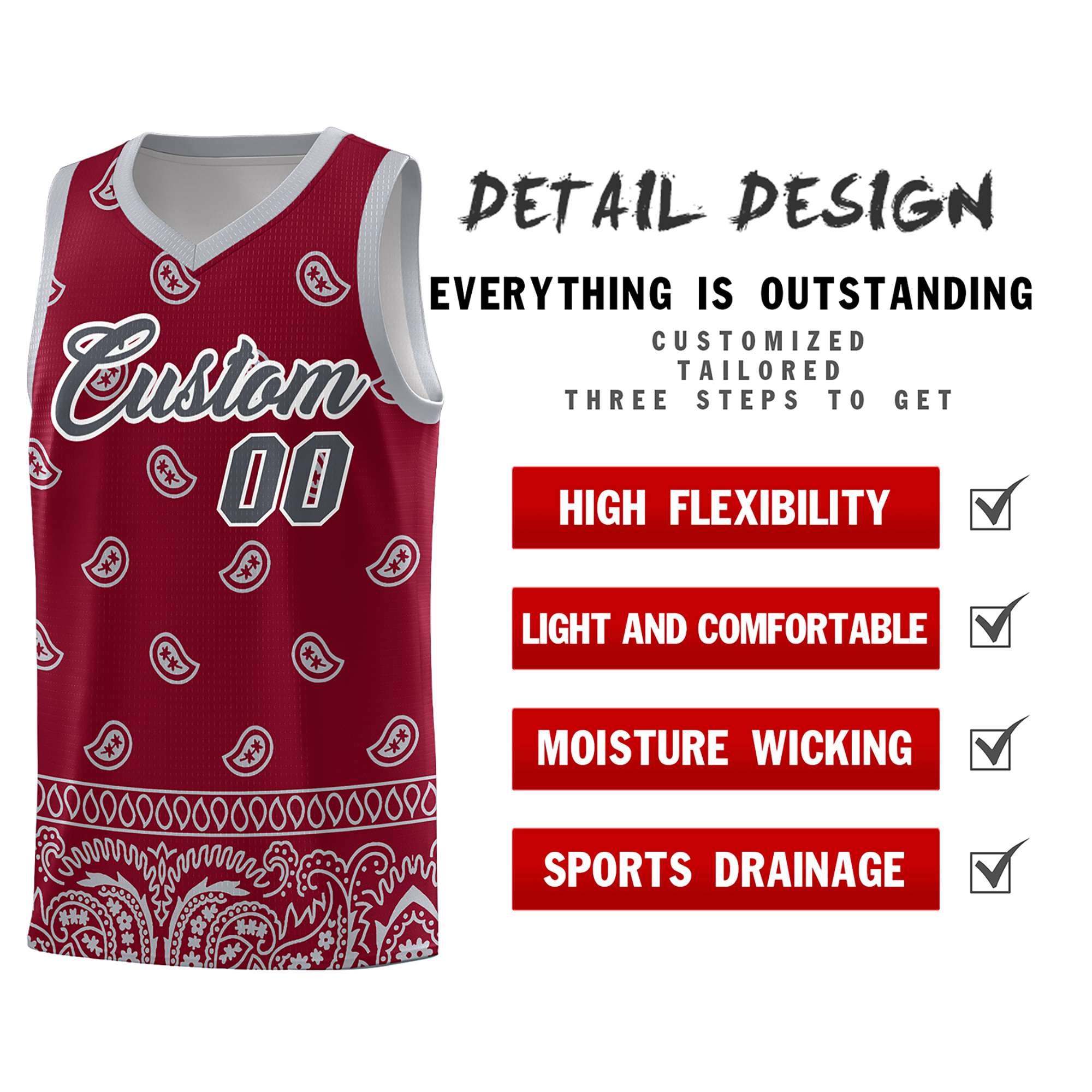 Custom Crimson Gray Personalized Cashew Pattern Sports Uniform Basketball Jersey