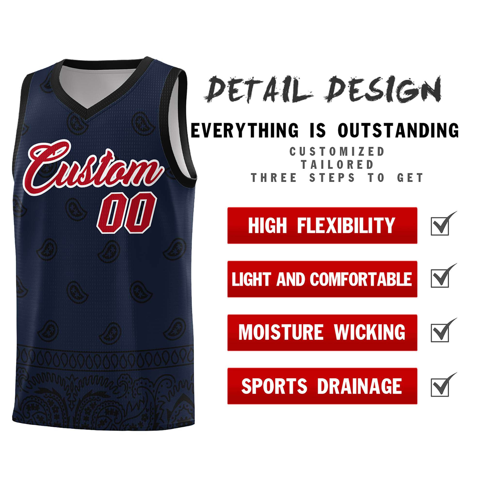 Custom Navy Black Personalized Cashew Pattern Sports Uniform Basketball Jersey