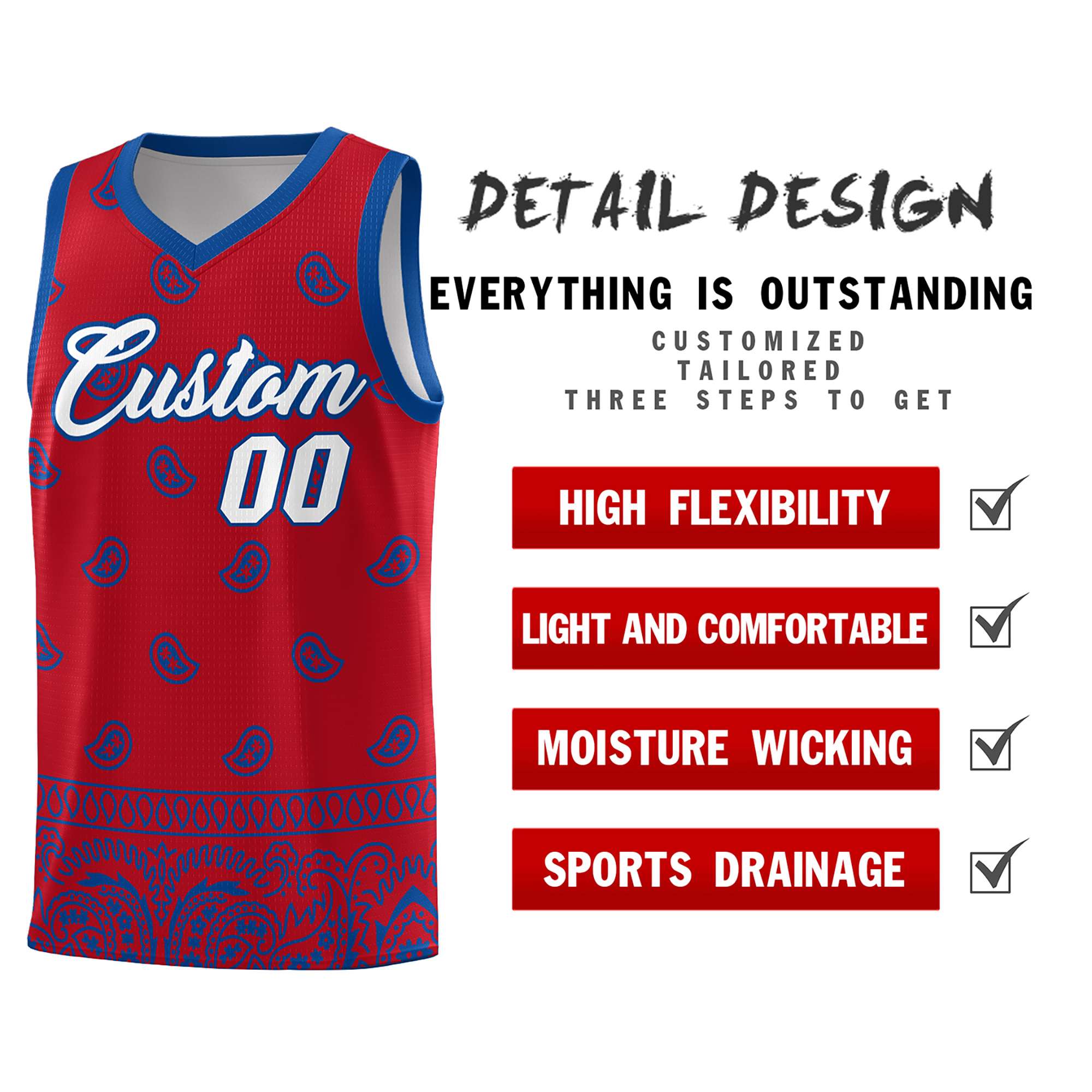 Custom Red Royal Personalized Cashew Pattern Sports Uniform Basketball Jersey