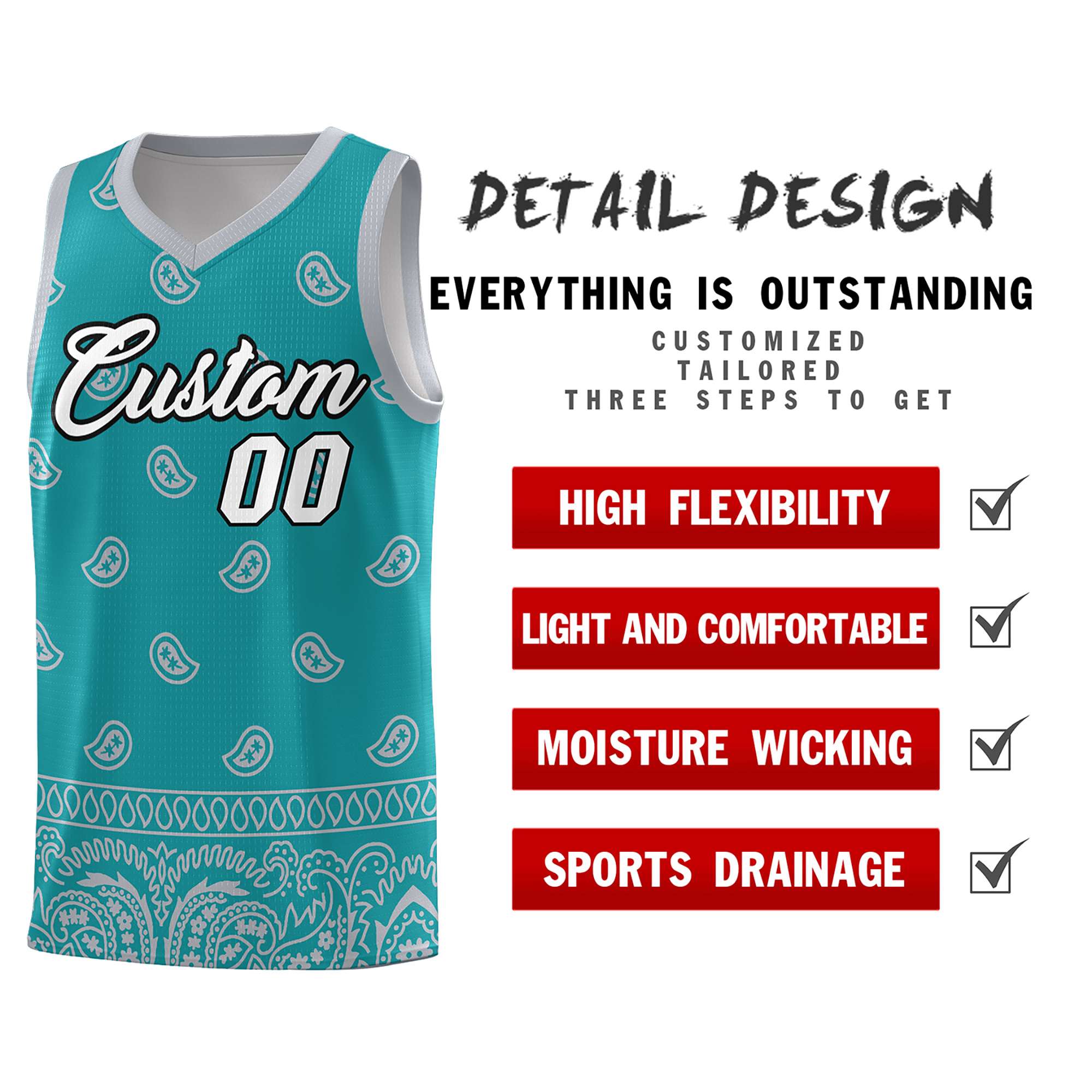 Custom Aqua Gray Personalized Cashew Pattern Sports Uniform Basketball Jersey