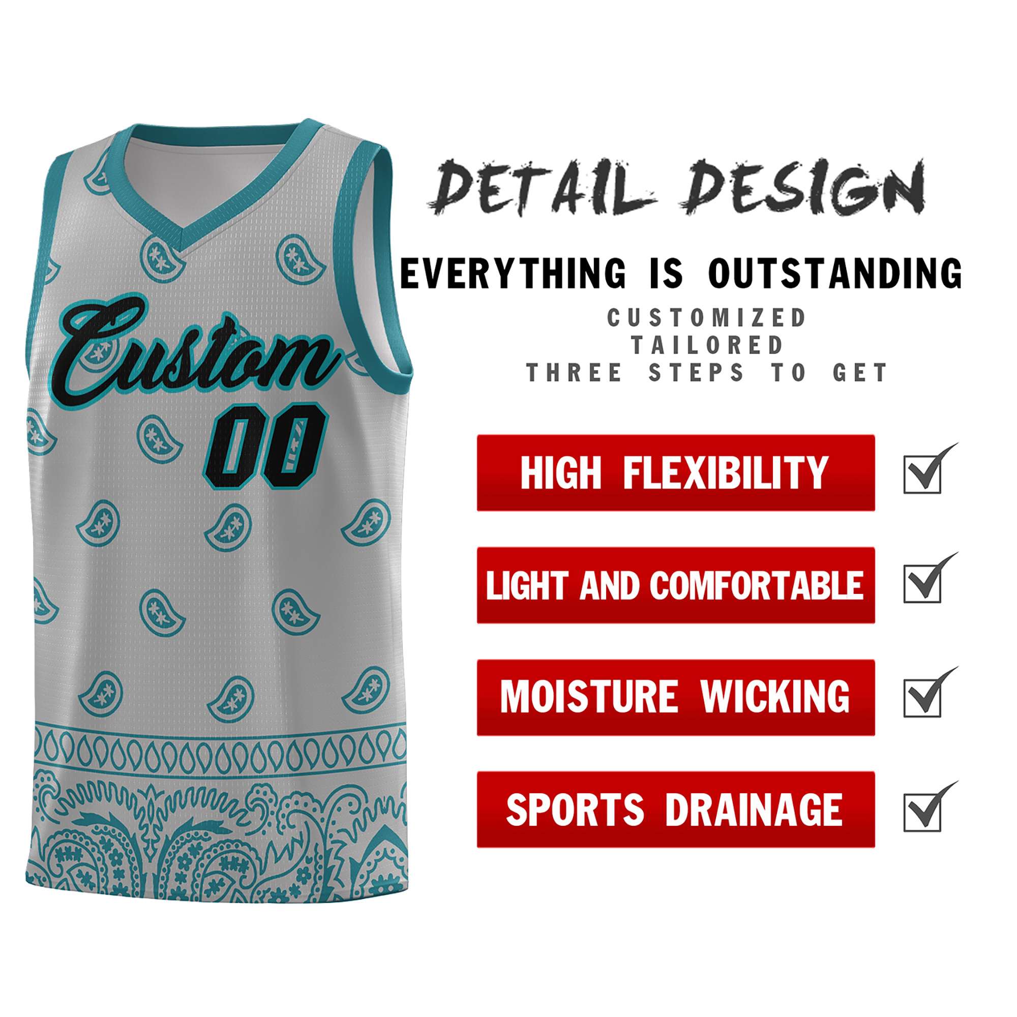 Custom Gray Aqua Personalized Cashew Pattern Sports Uniform Basketball Jersey