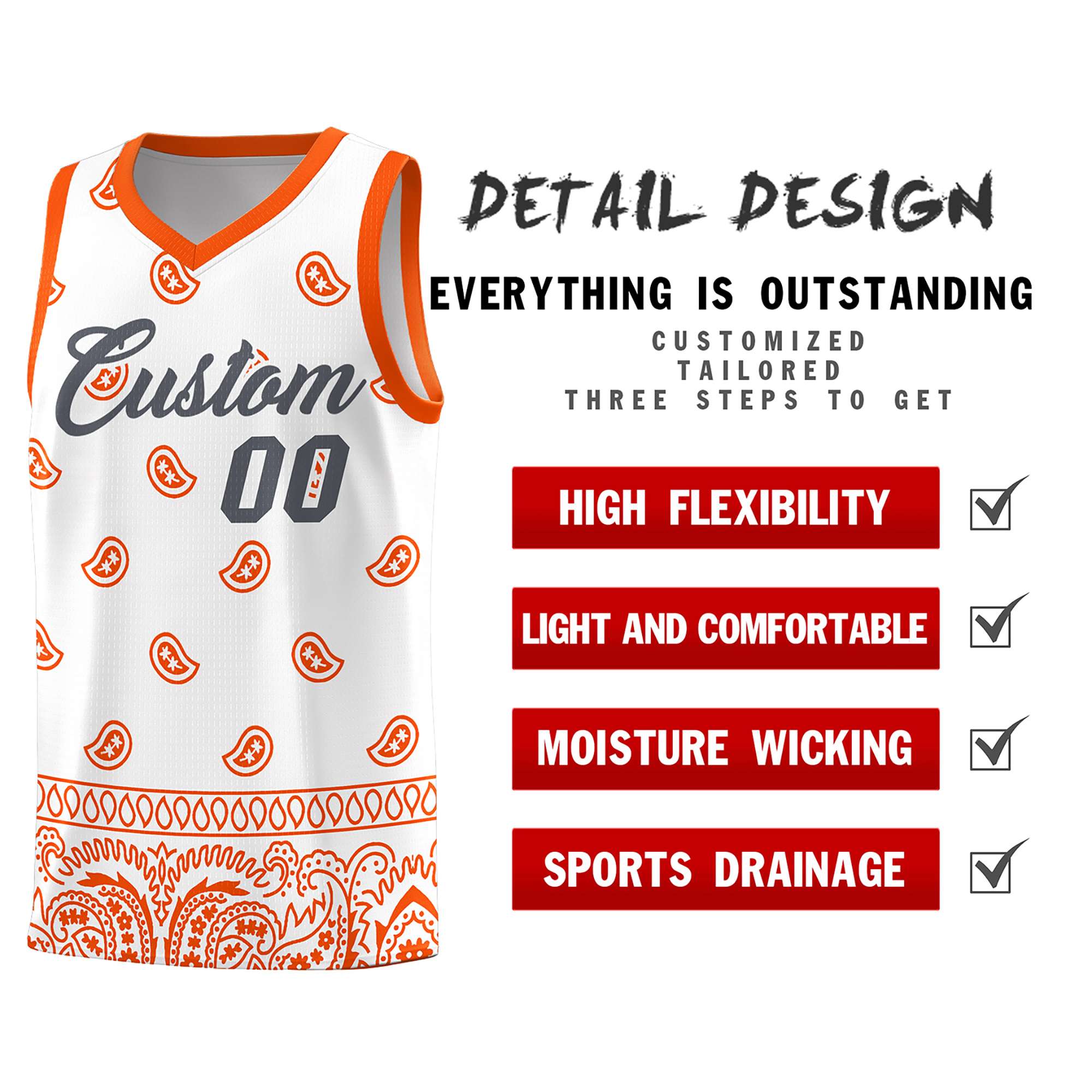 Custom White Orange Personalized Cashew Pattern Sports Uniform Basketball Jersey