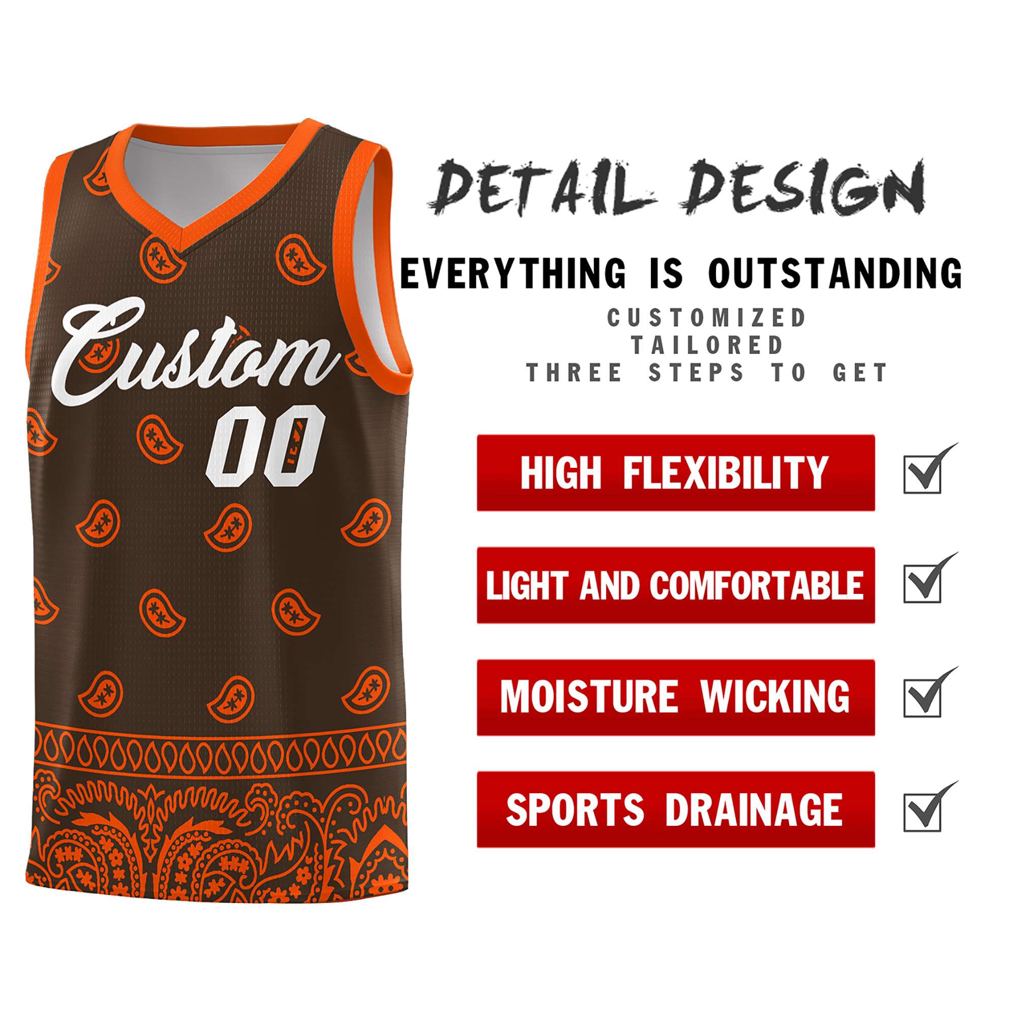 Custom Brown Orange Personalized Cashew Pattern Sports Uniform Basketball Jersey