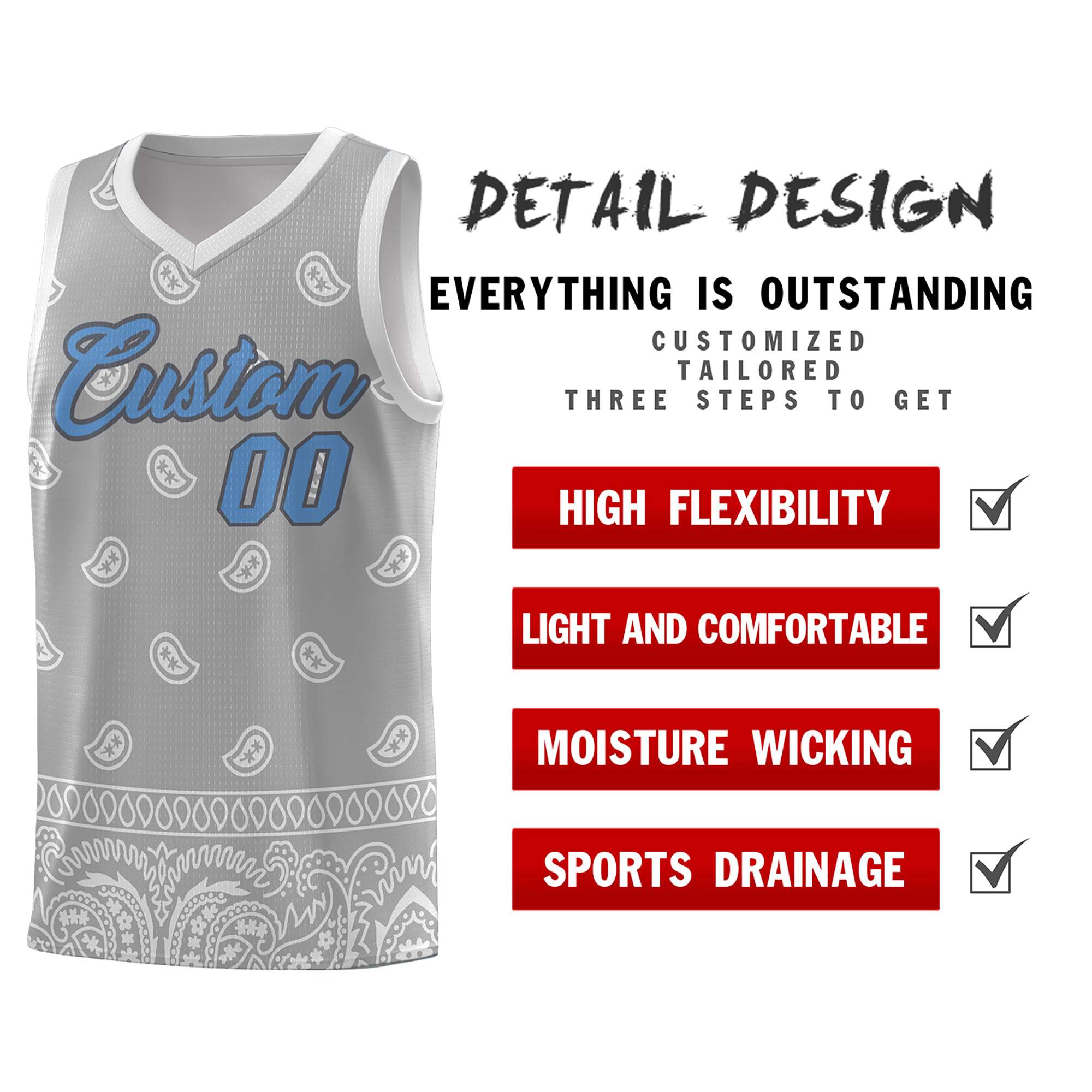 Custom Gray Light Gray Personalized Cashew Pattern Sports Uniform Basketball Jersey