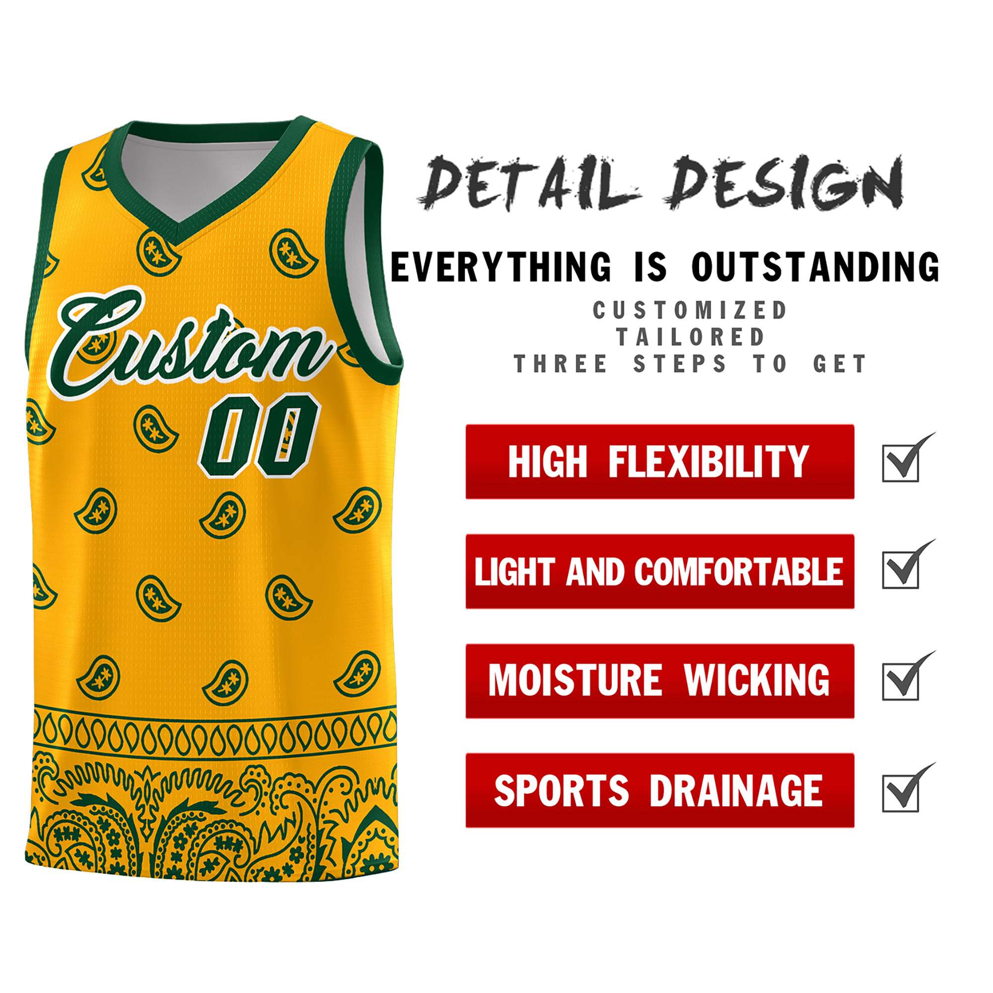 Custom Yellow Green Personalized Cashew Pattern Sports Uniform Basketball Jersey