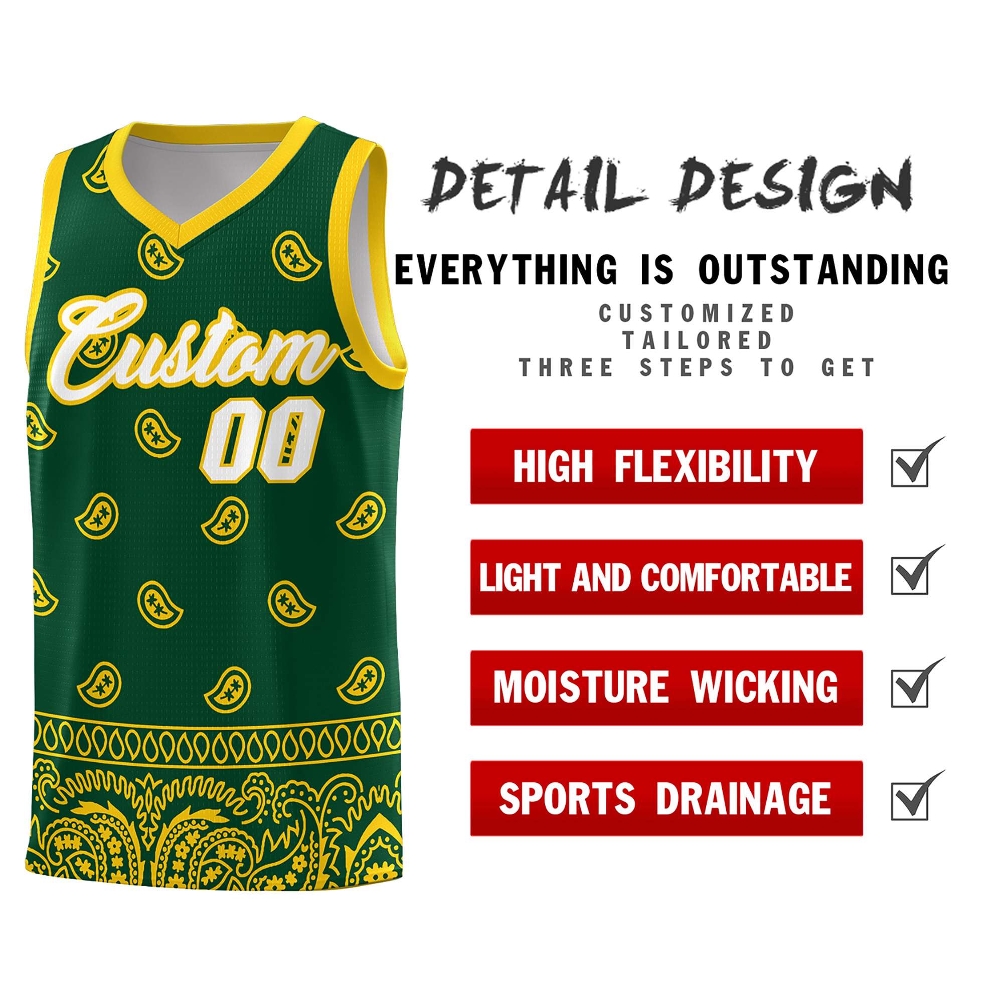 Custom Gold Green Personalized Cashew Pattern Sports Uniform Basketball Jersey