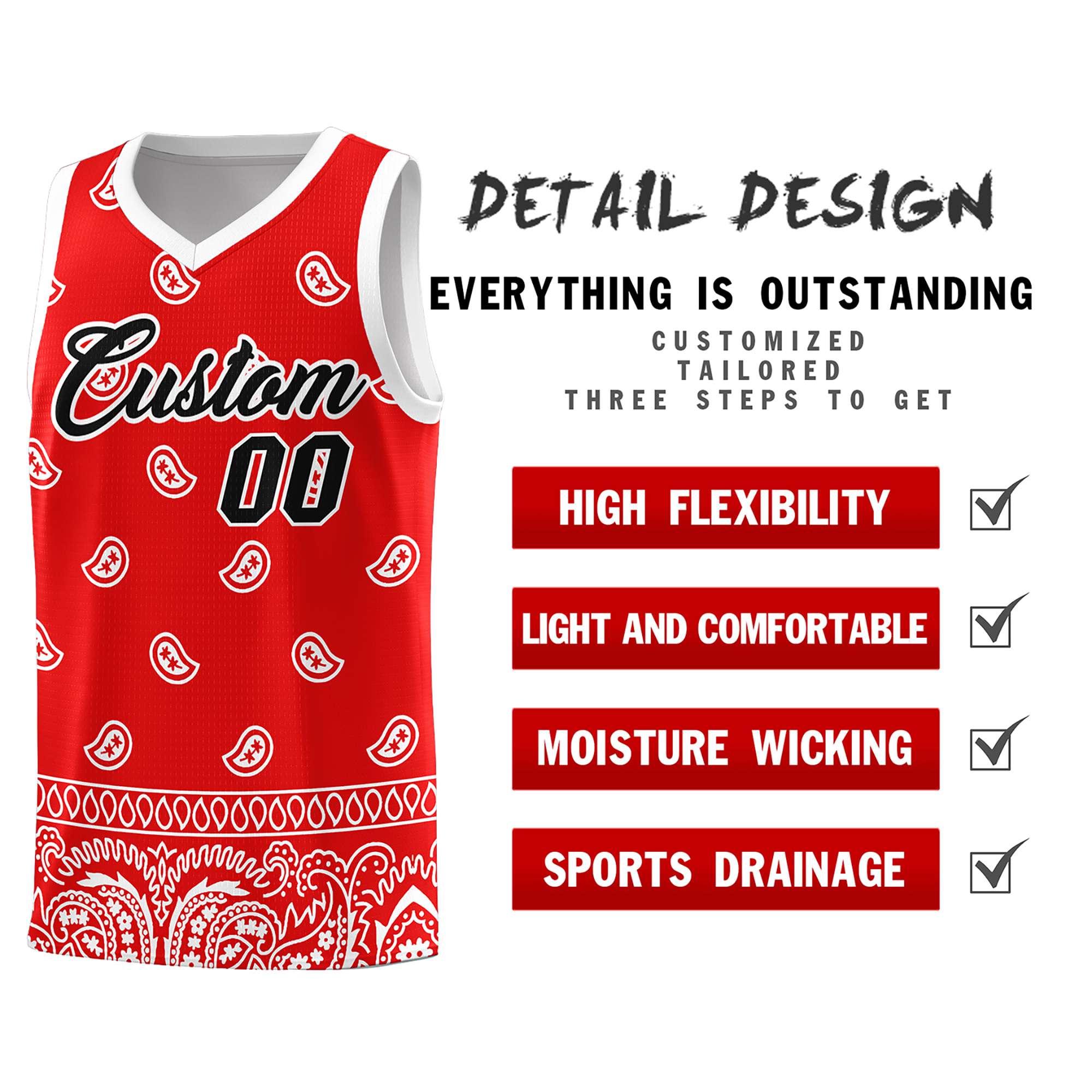 Custom Red White Personalized Cashew Pattern Sports Uniform Basketball Jersey