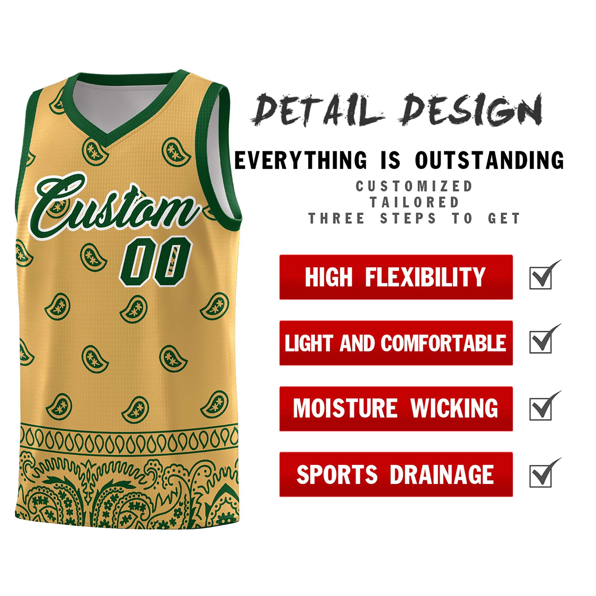 Custom Old Gold Green Personalized Cashew Pattern Sports Uniform Basketball Jersey