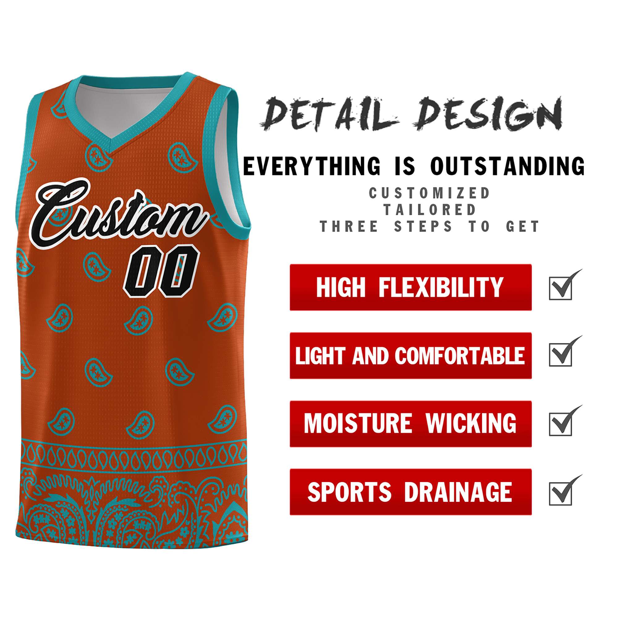 Custom Texas Orange Aqua Personalized Cashew Pattern Sports Uniform Basketball Jersey