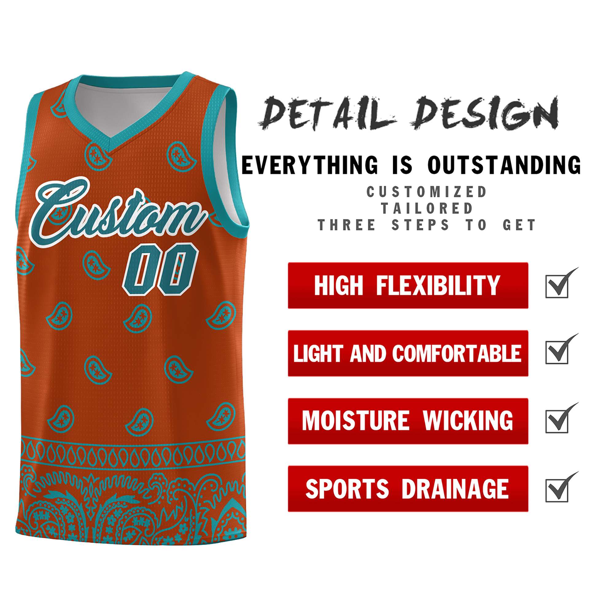 Custom Texas Orange Aqua Personalized Cashew Pattern Sports Uniform Basketball Jersey