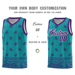 Custom Aqua Purple Personalized Cashew Pattern Sports Uniform Basketball Jersey