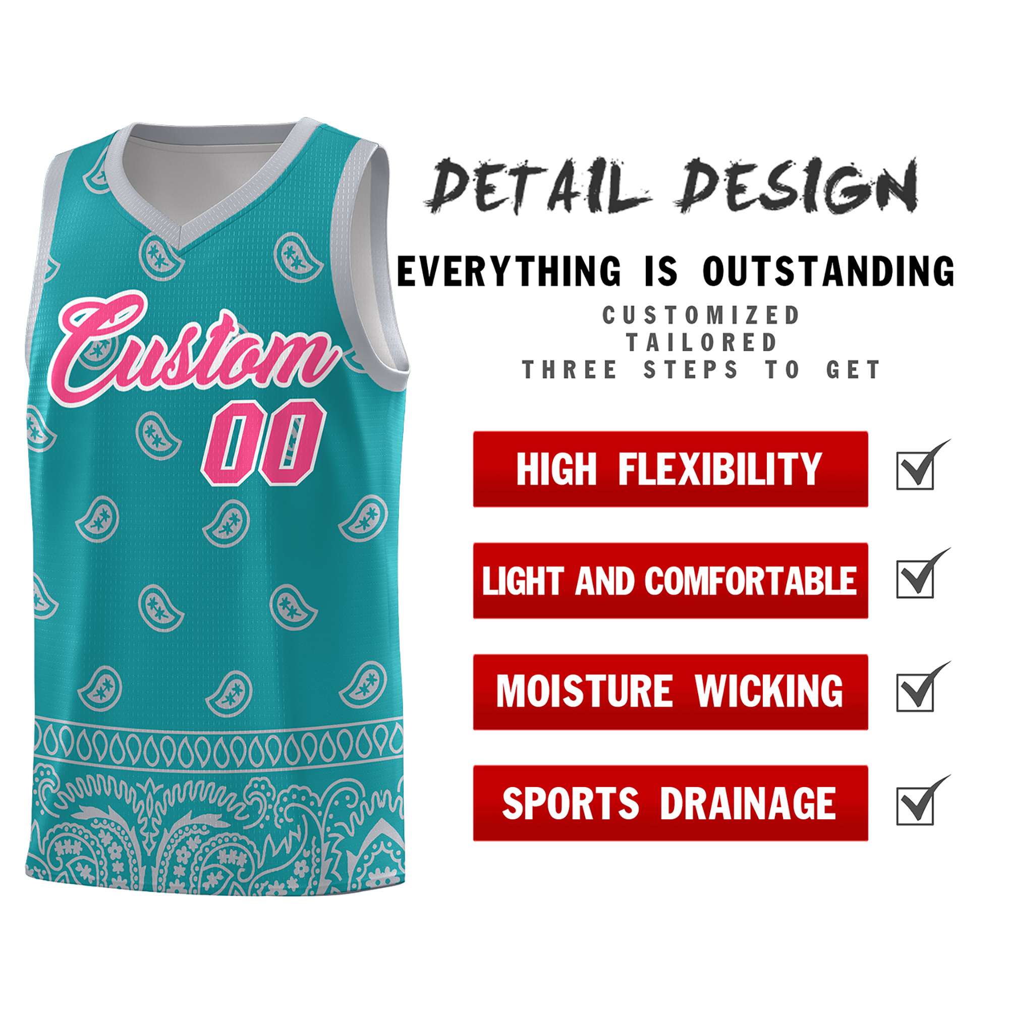 Custom Aqua Gray Personalized Cashew Pattern Sports Uniform Basketball Jersey