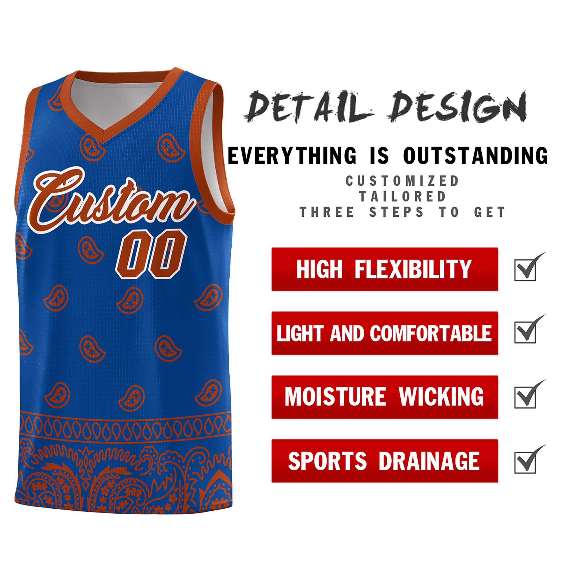 Custom Royal Texas Orange Personalized Cashew Pattern Sports Uniform Basketball Jersey