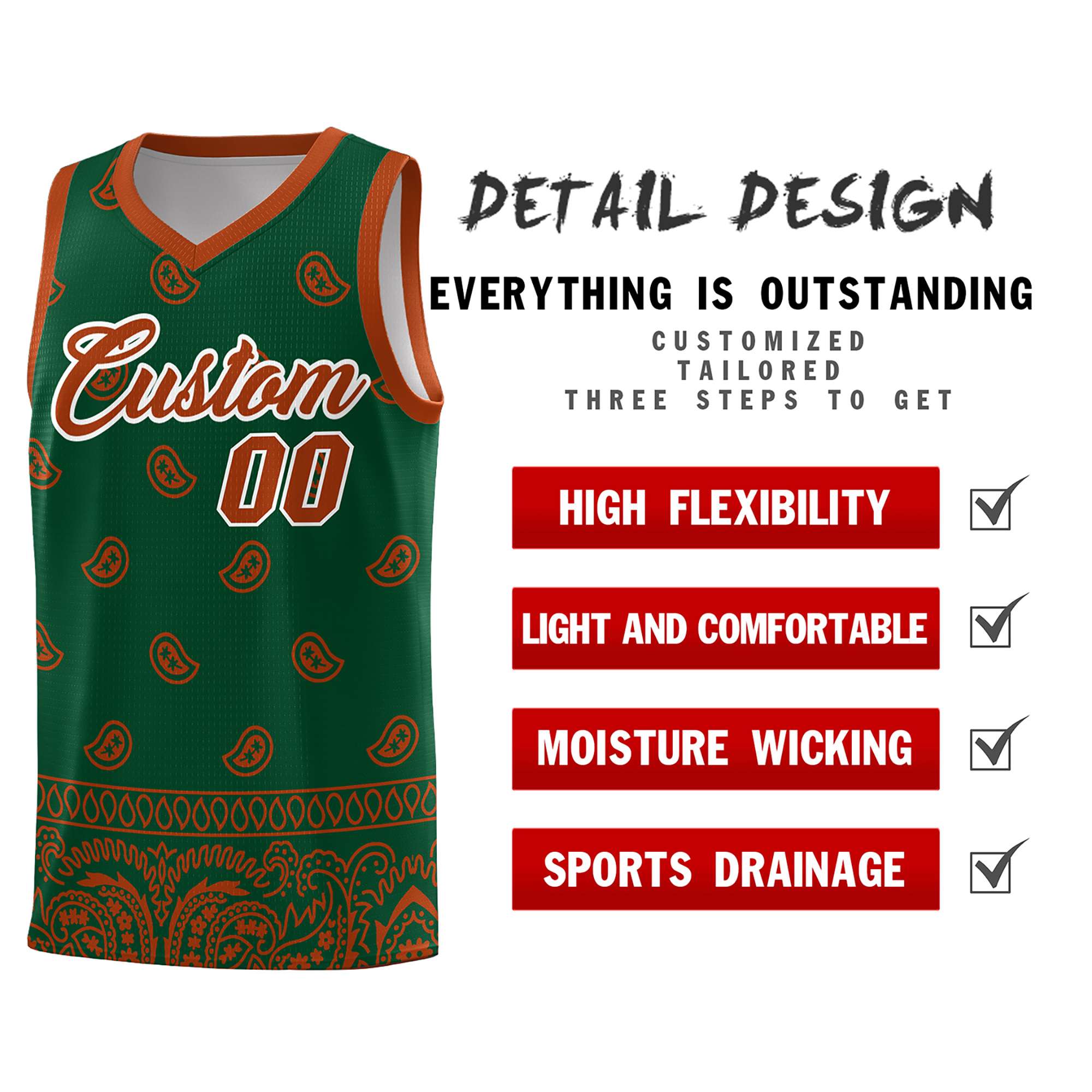 Custom Green Texas Orange Personalized Cashew Pattern Sports Uniform Basketball Jersey