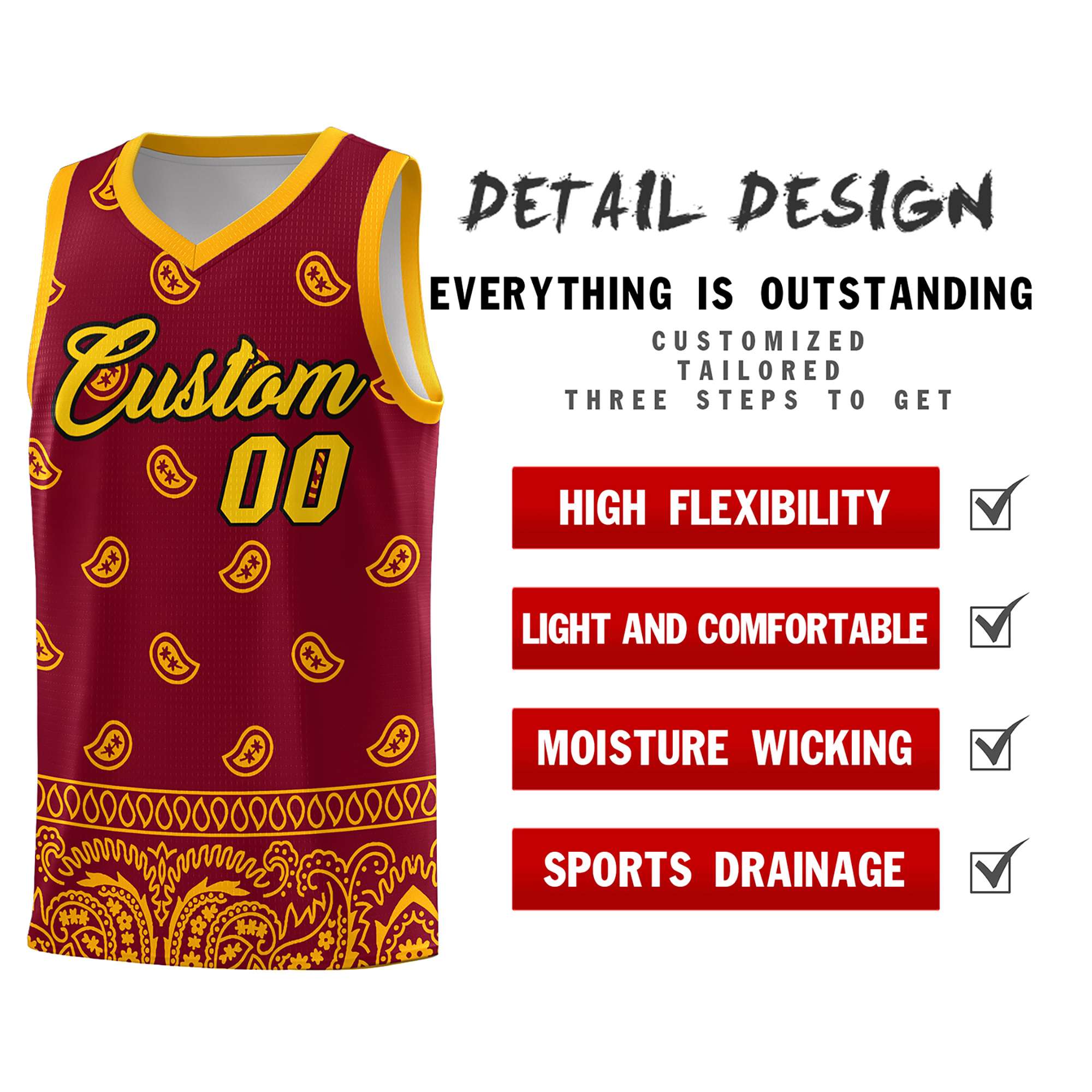 Custom Crimson Yellow Personalized Cashew Pattern Sports Uniform Basketball Jersey