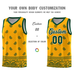 Custom Yellow Green Personalized Cashew Pattern Sports Uniform Basketball Jersey