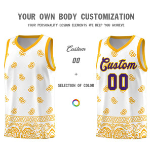 Custom White Yellow Personalized Cashew Pattern Sports Uniform Basketball Jersey