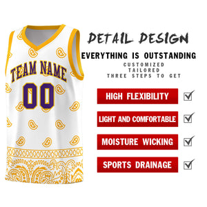 Custom White Yellow Personalized Cashew Pattern Sports Uniform Basketball Jersey