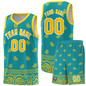 Custom Aqua Gold Personalized Cashew Pattern Sports Uniform Basketball Jersey