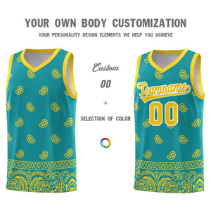 Custom Aqua Gold Personalized Cashew Pattern Sports Uniform Basketball Jersey