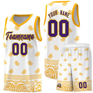 Custom White Yellow Personalized Cashew Pattern Sports Uniform Basketball Jersey