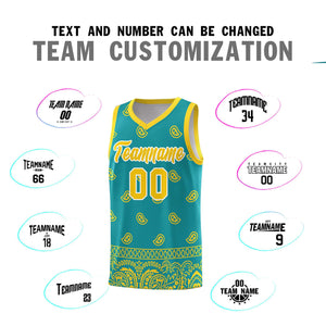 Custom Aqua Gold Personalized Cashew Pattern Sports Uniform Basketball Jersey