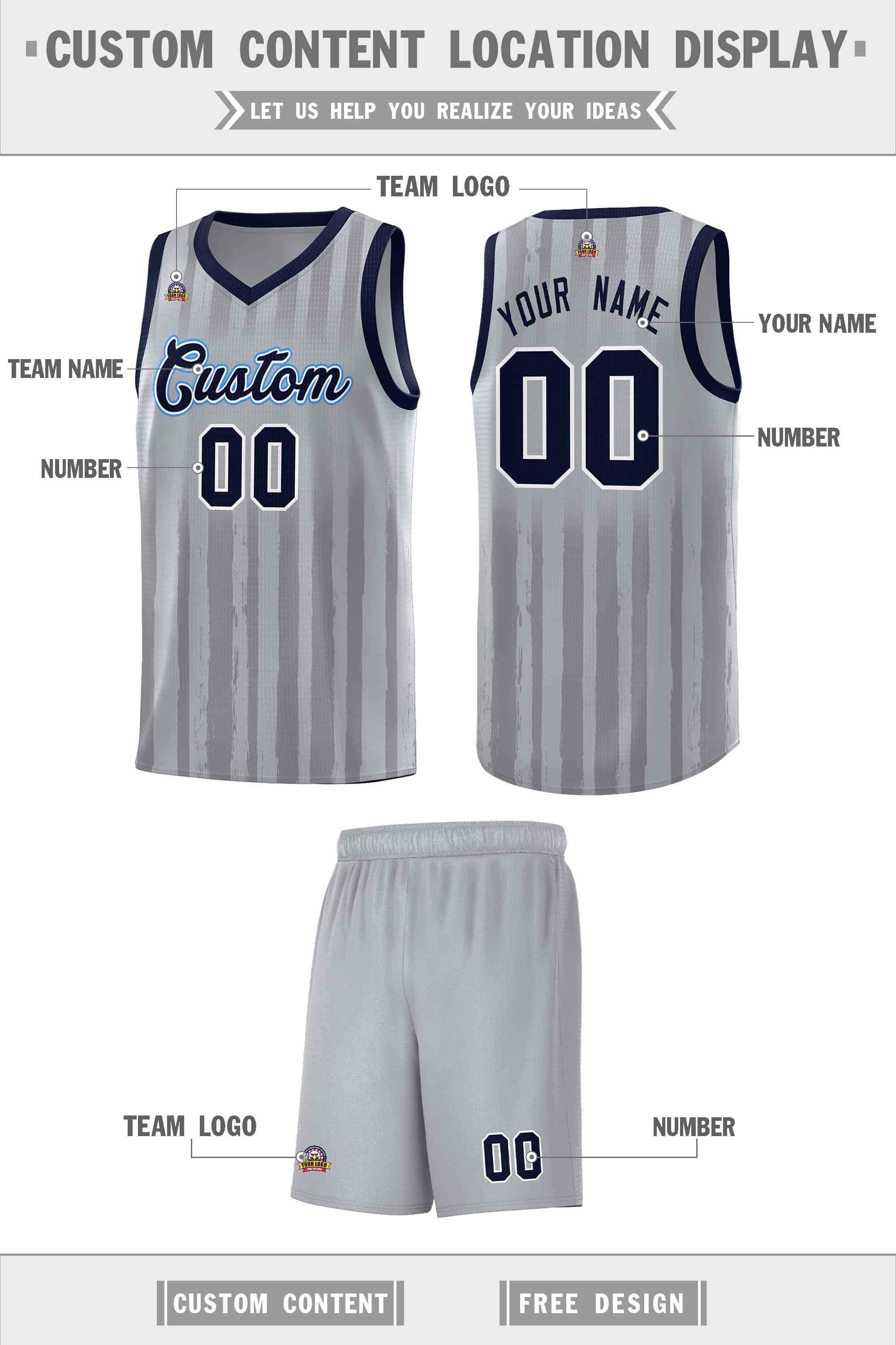 Custom Gray Navy Vertical Striped Pattern Sports Uniform Basketball Jersey