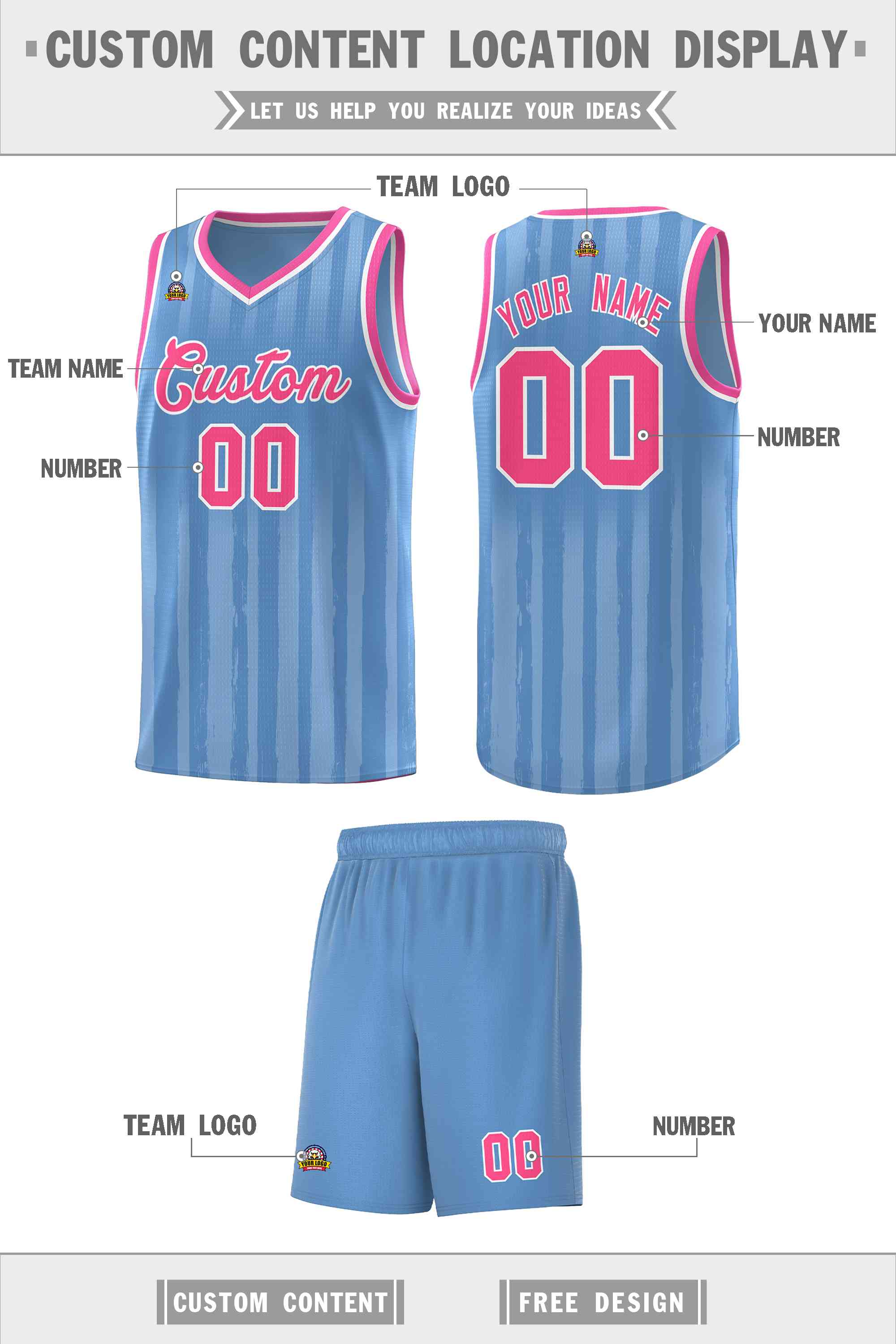 Custom Light Blue Pink Vertical Striped Pattern Sports Uniform Basketball Jersey