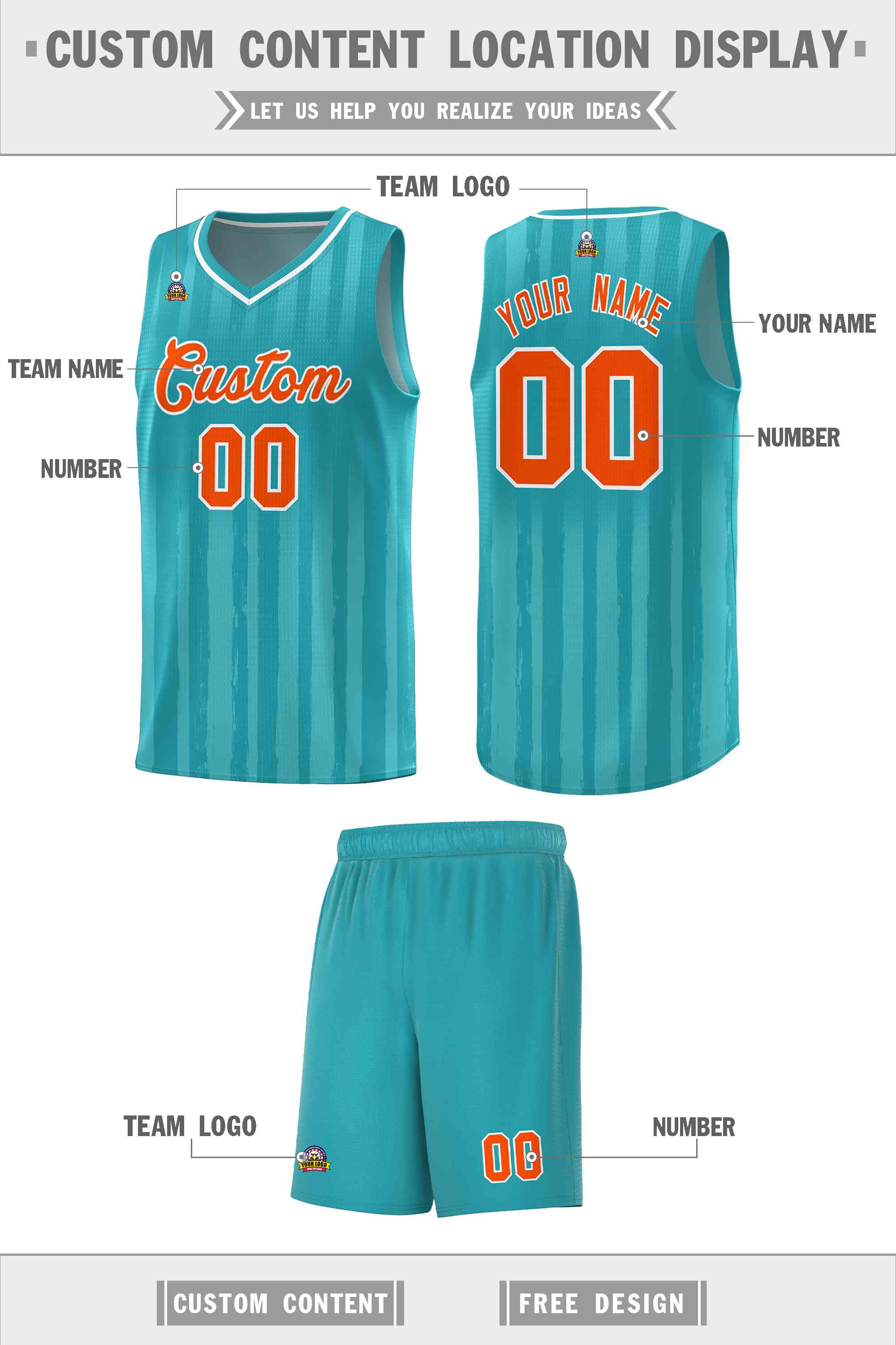 Custom Aqua Orange Vertical Striped Pattern Sports Uniform Basketball Jersey