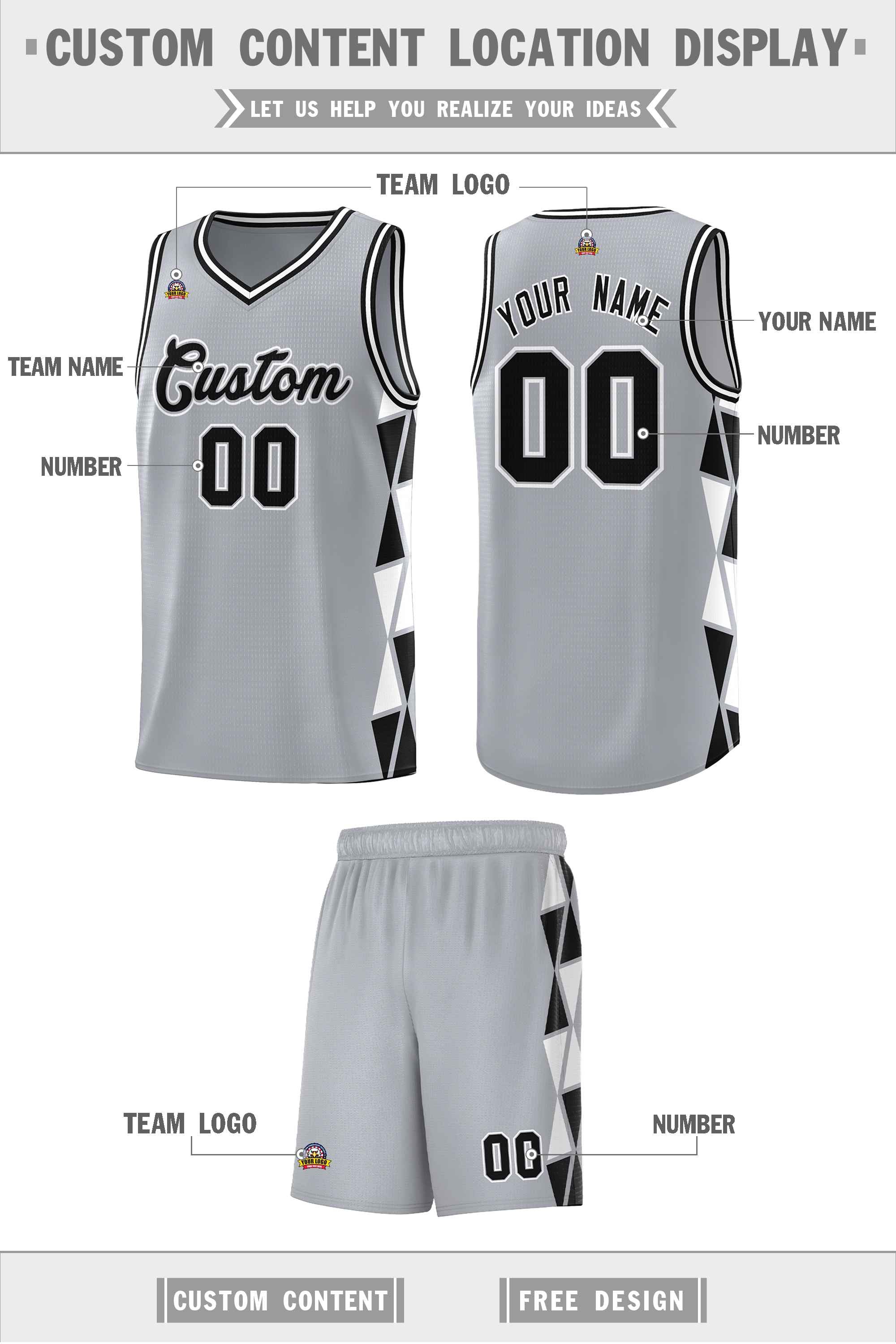 Custom Gray Black-White Side Two-Color Triangle Splicing Sports Uniform Basketball Jersey