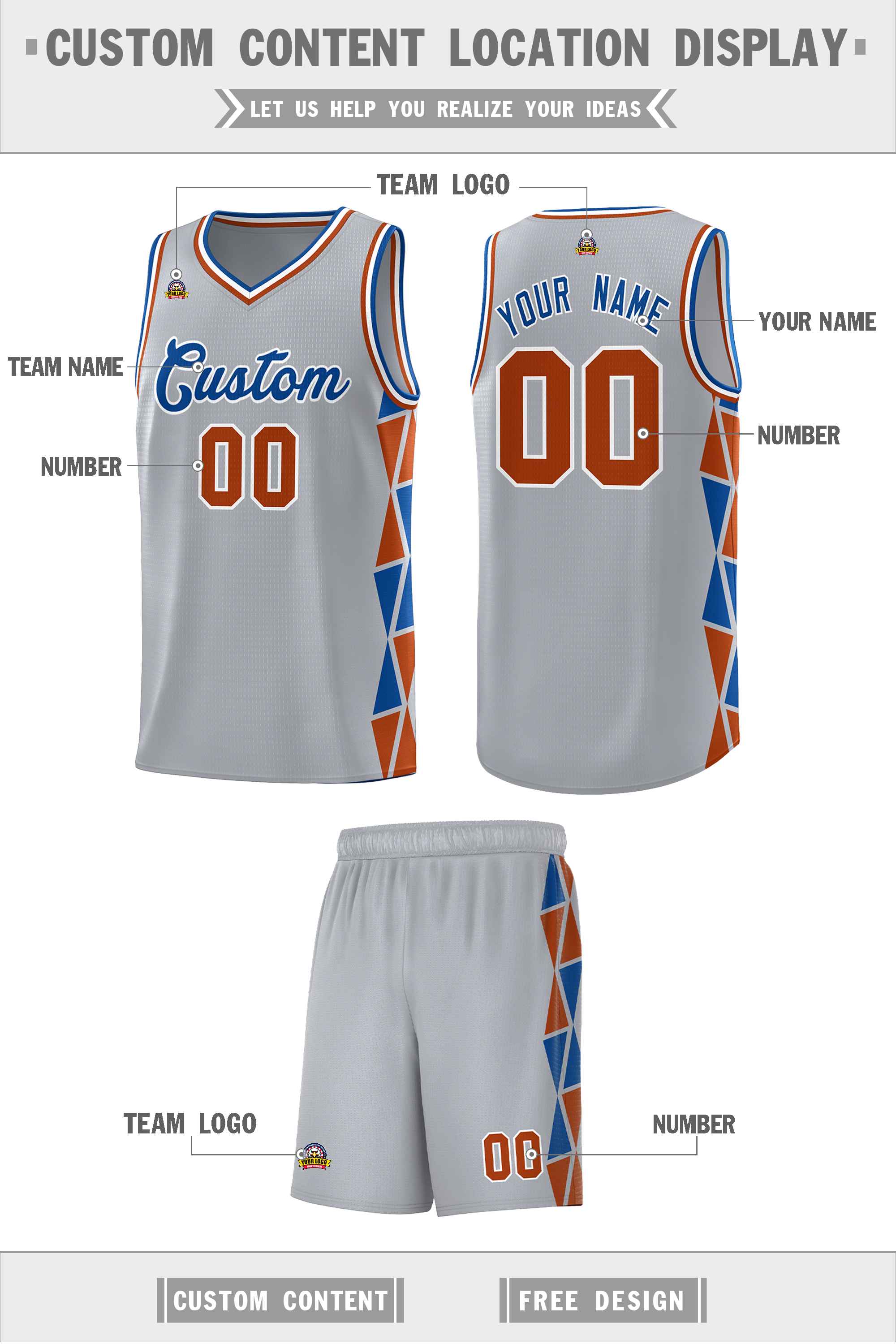 Custom Gray Royal-Texas Orange Side Two-Color Triangle Splicing Sports Uniform Basketball Jersey
