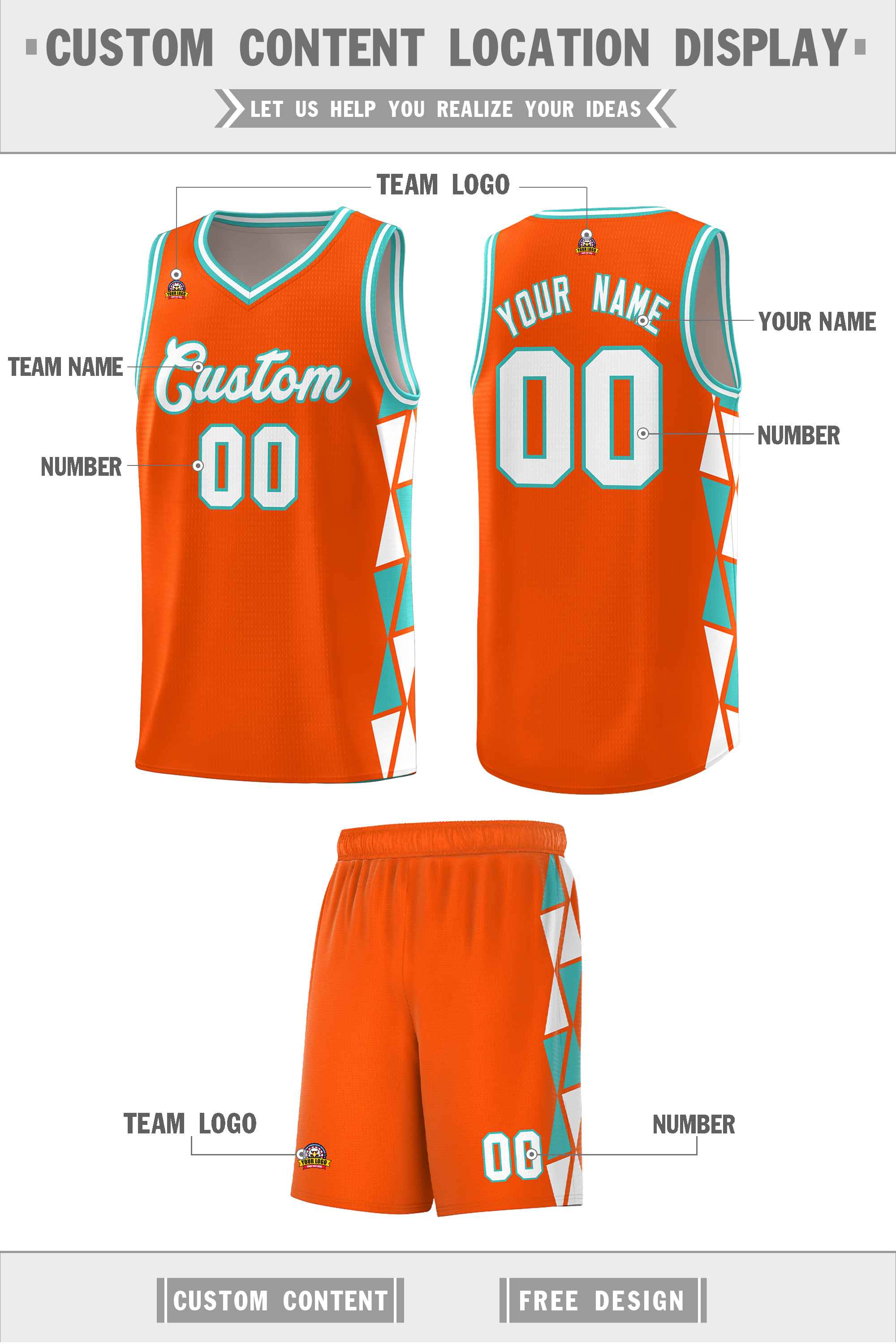 Custom Orange White-Aqua Side Two-Color Triangle Splicing Sports Uniform Basketball Jersey