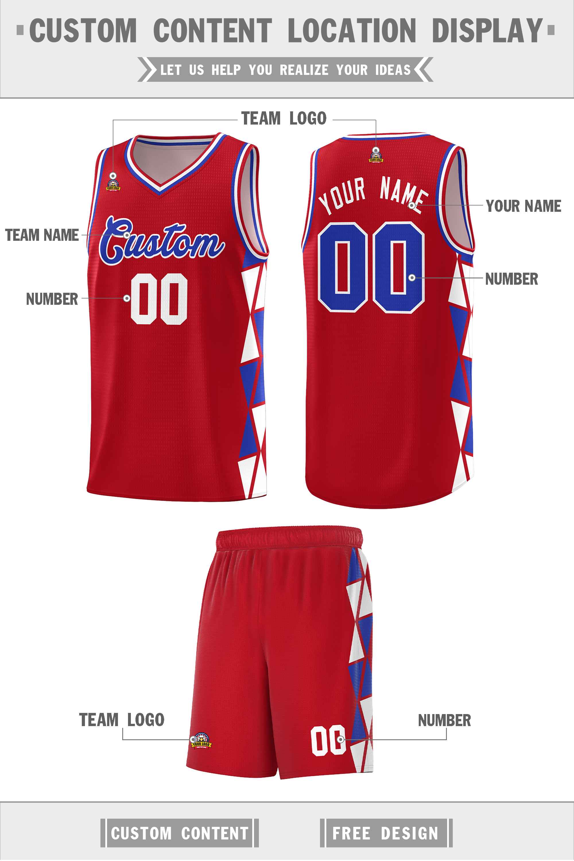 Custom Red White-Royal Side Two-Color Triangle Splicing Sports Uniform Basketball Jersey
