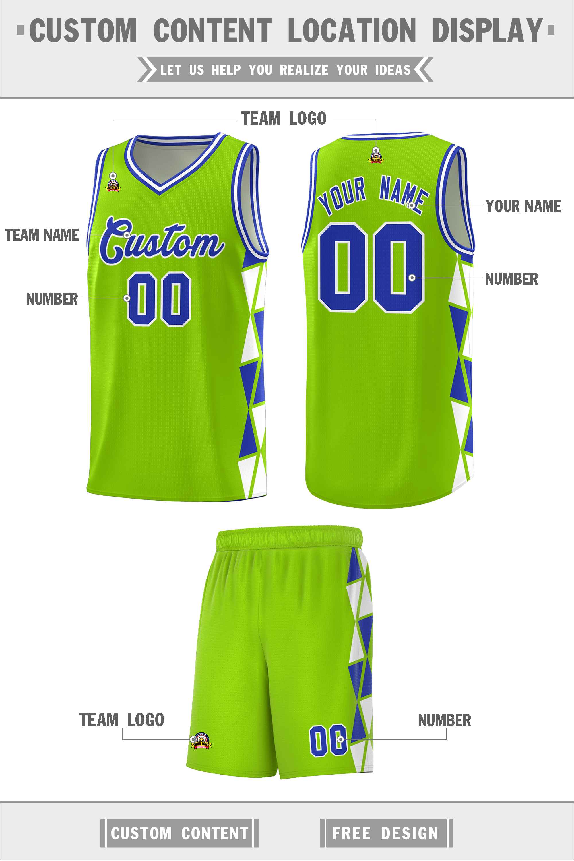 Custom Neon Green Royal-White Side Two-Color Triangle Splicing Sports Uniform Basketball Jersey