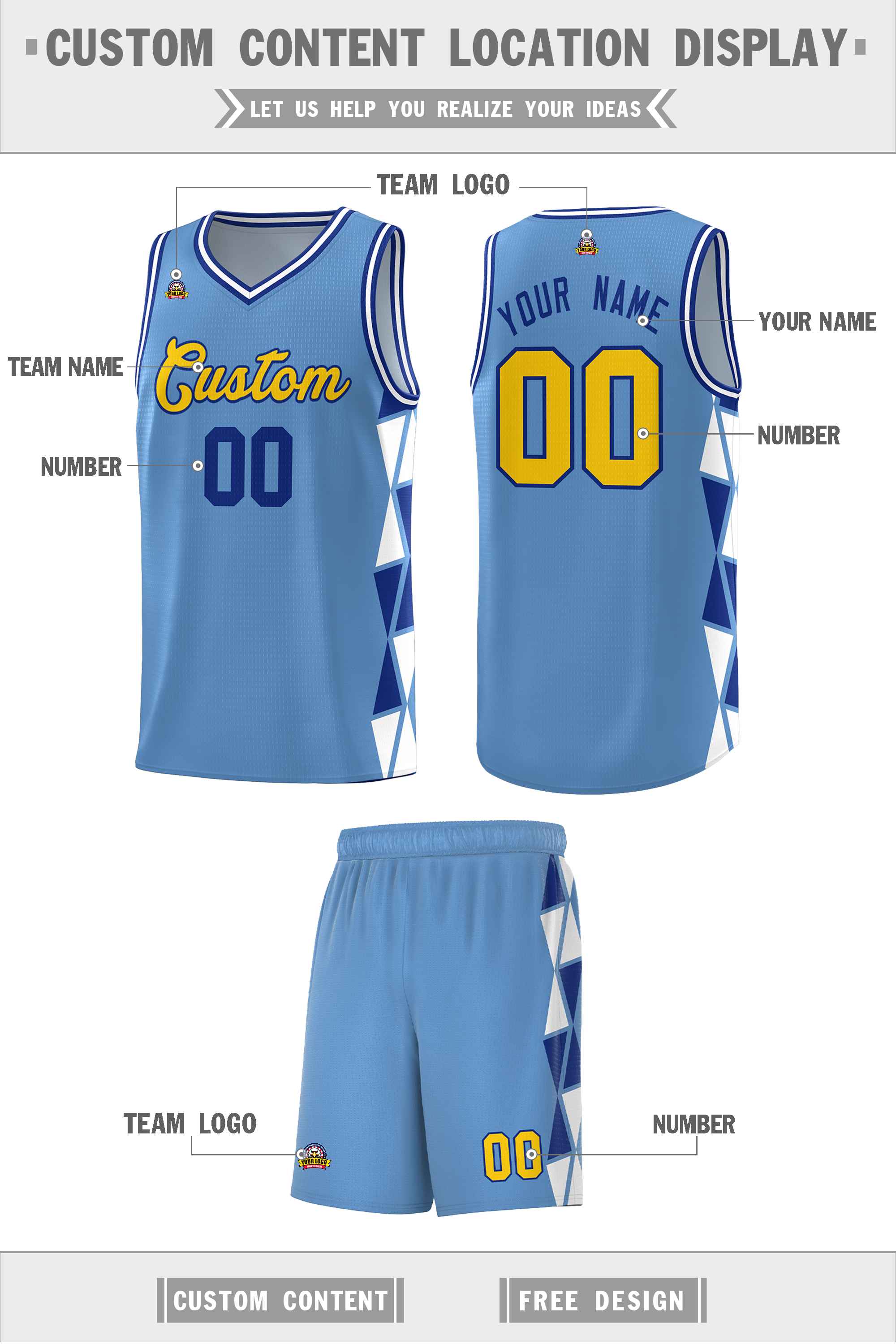 Custom Light Blue Royal-White Side Two-Color Triangle Splicing Sports Uniform Basketball Jersey