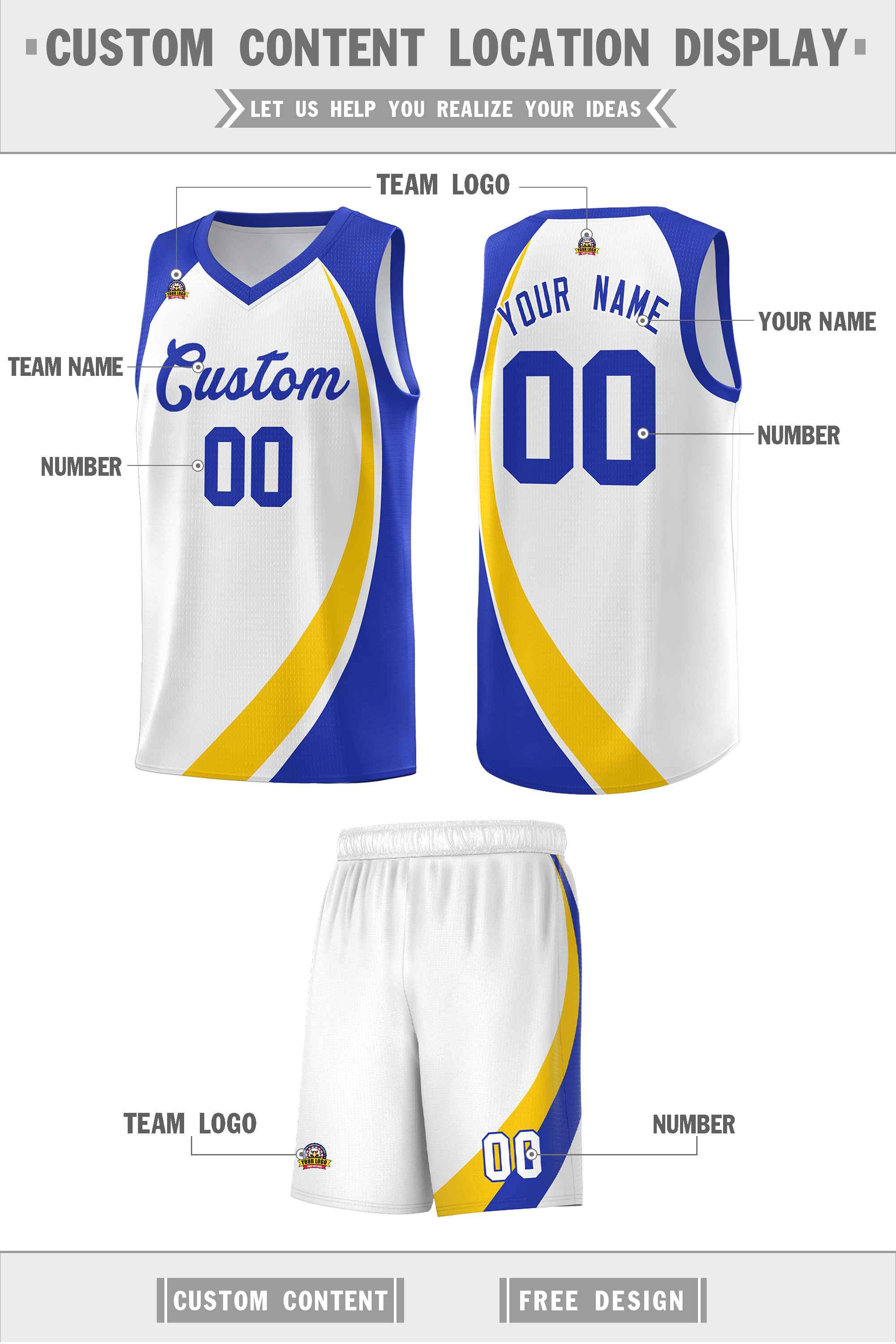 Custom White Gold-Royal Color Block Sports Uniform Basketball Jersey