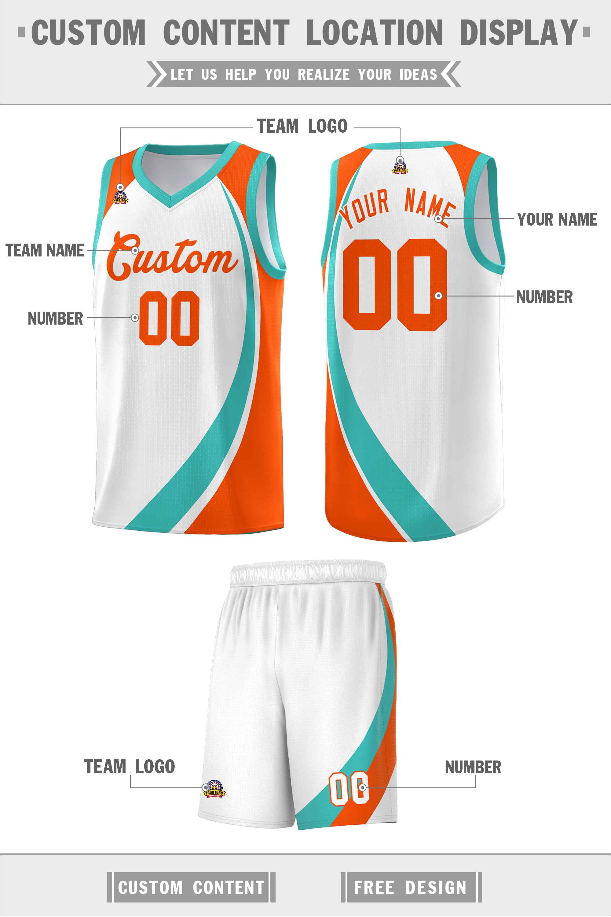 Custom White Aqua-Orange Color Block Sports Uniform Basketball Jersey