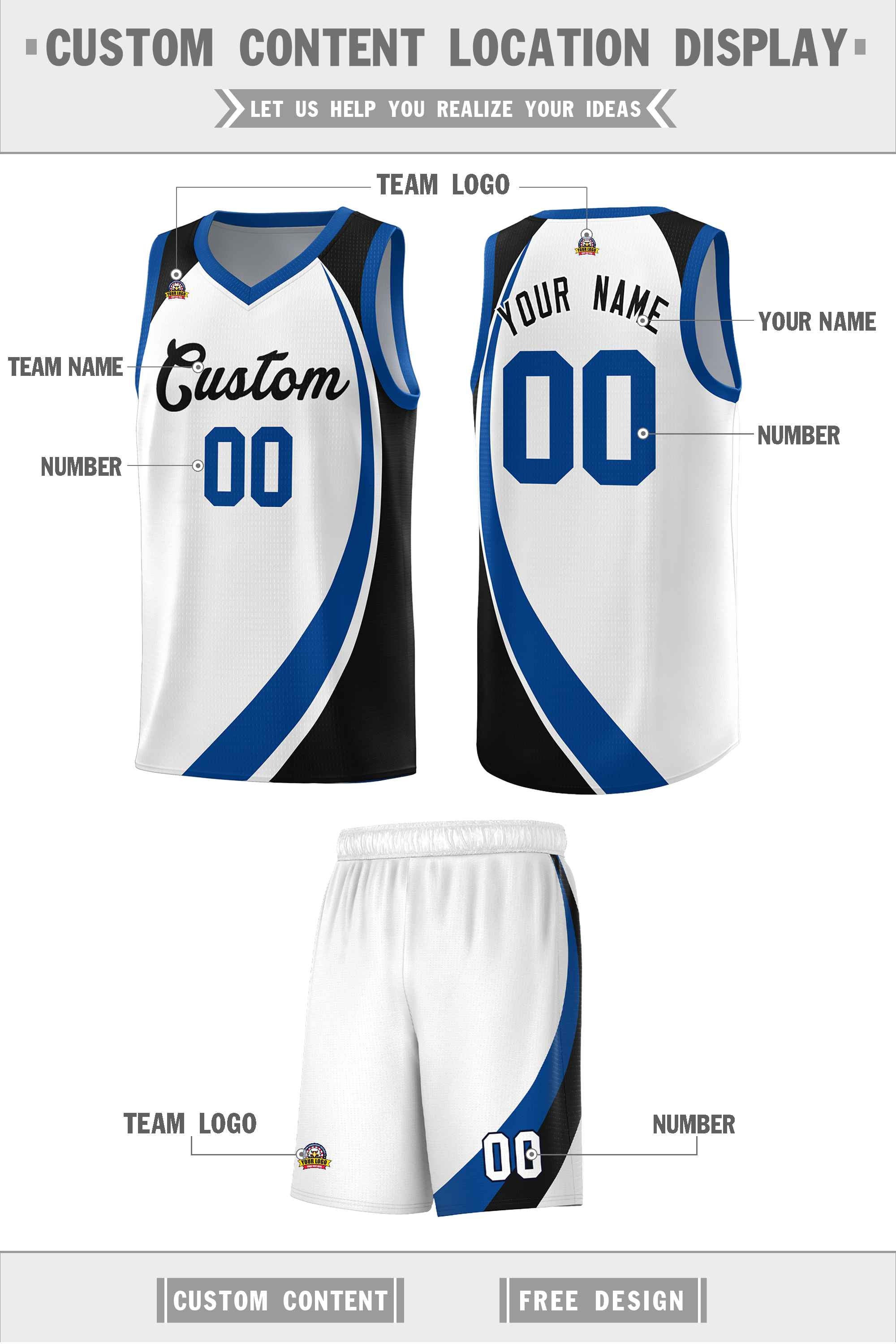 Custom White Royal-Navy Color Block Sports Uniform Basketball Jersey