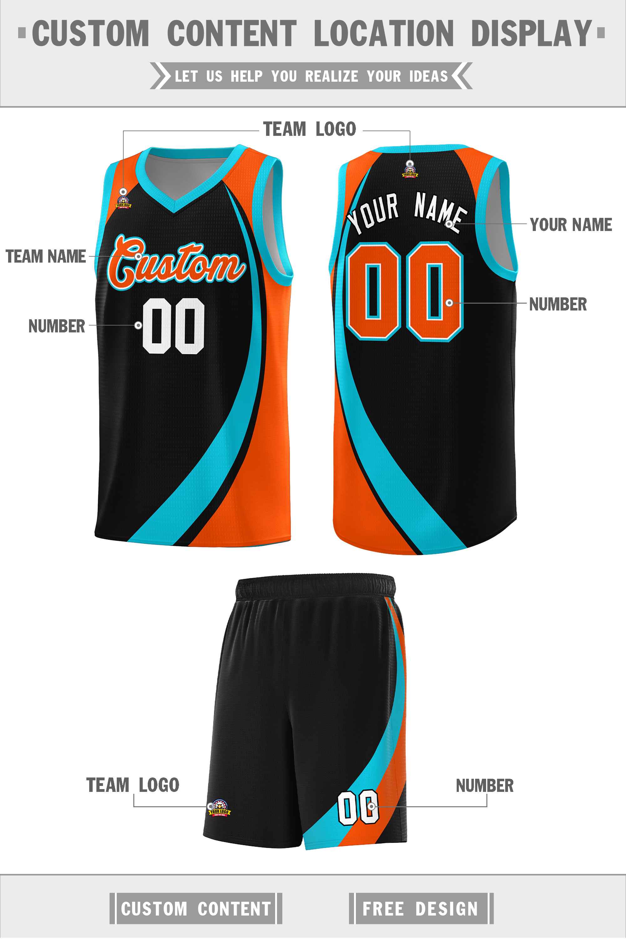 Custom Black Sky Blue-Orange Color Block Sports Uniform Basketball Jersey