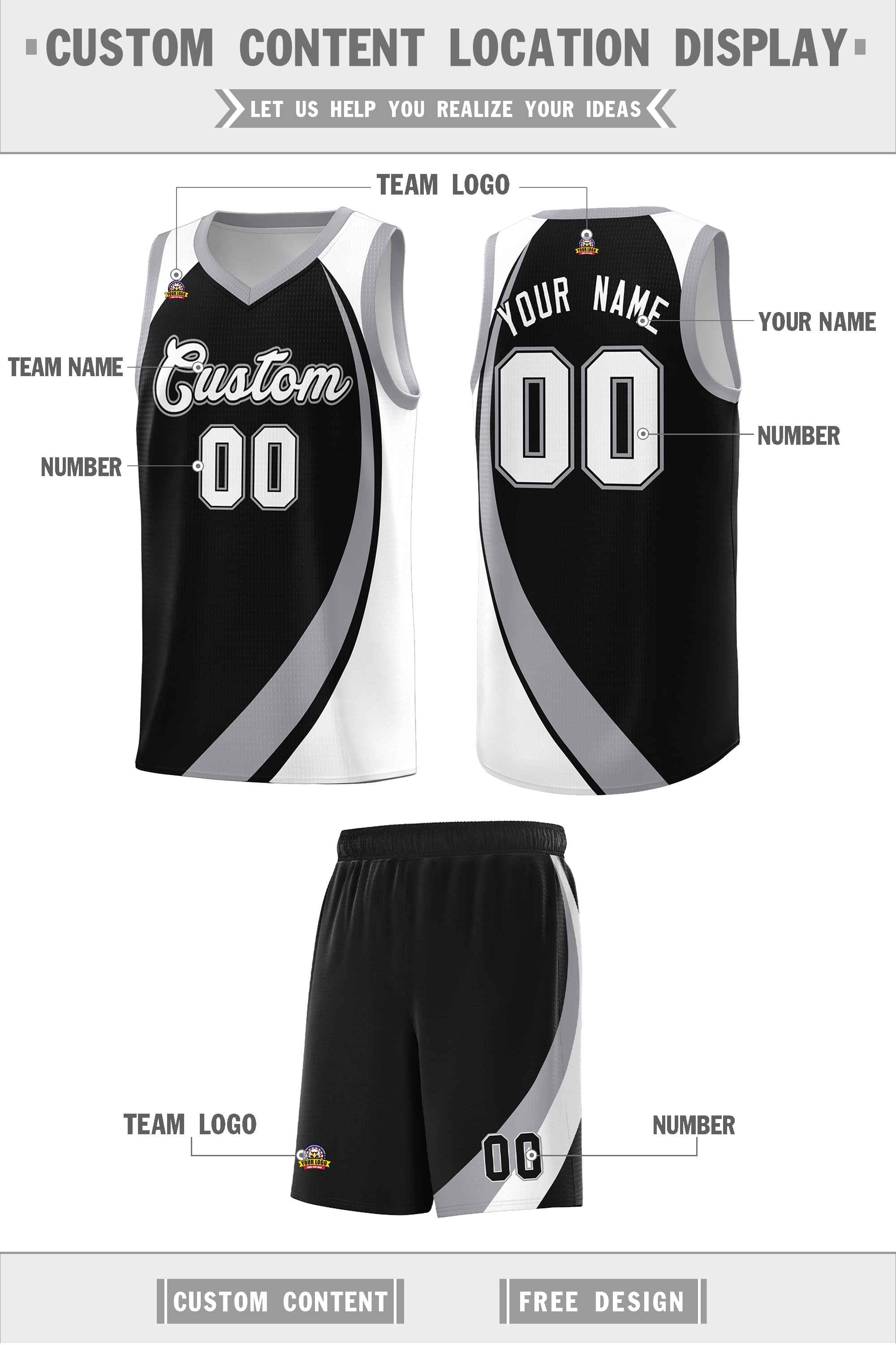 Custom Black Gray-White Color Block Sports Uniform Basketball Jersey